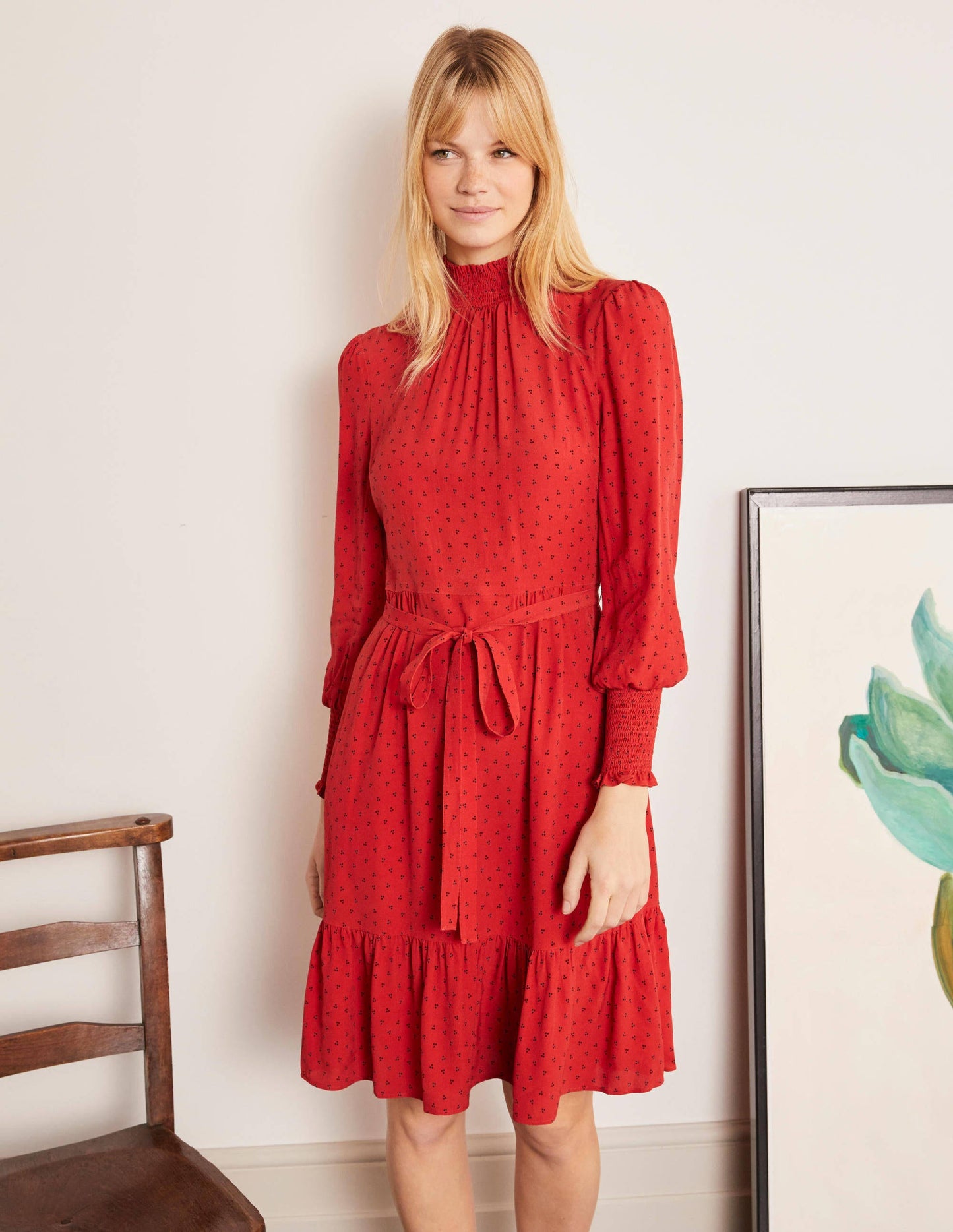 Robe Carrie à smocks-Poinsettia, pois triples