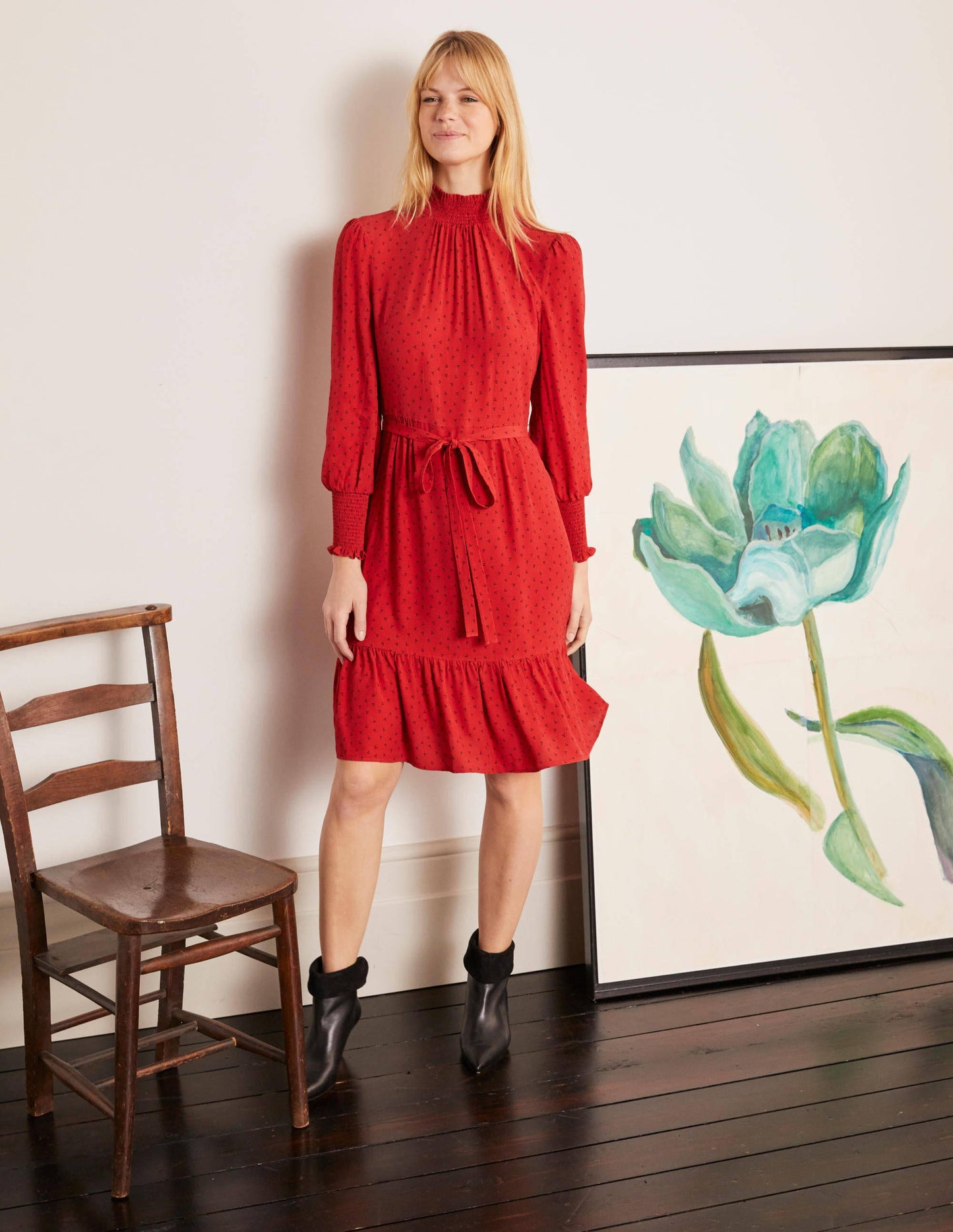 Robe Carrie à smocks-Poinsettia, pois triples