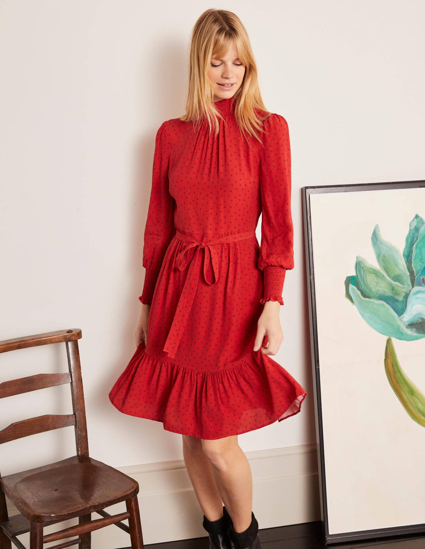 Robe Carrie à smocks-Poinsettia, pois triples