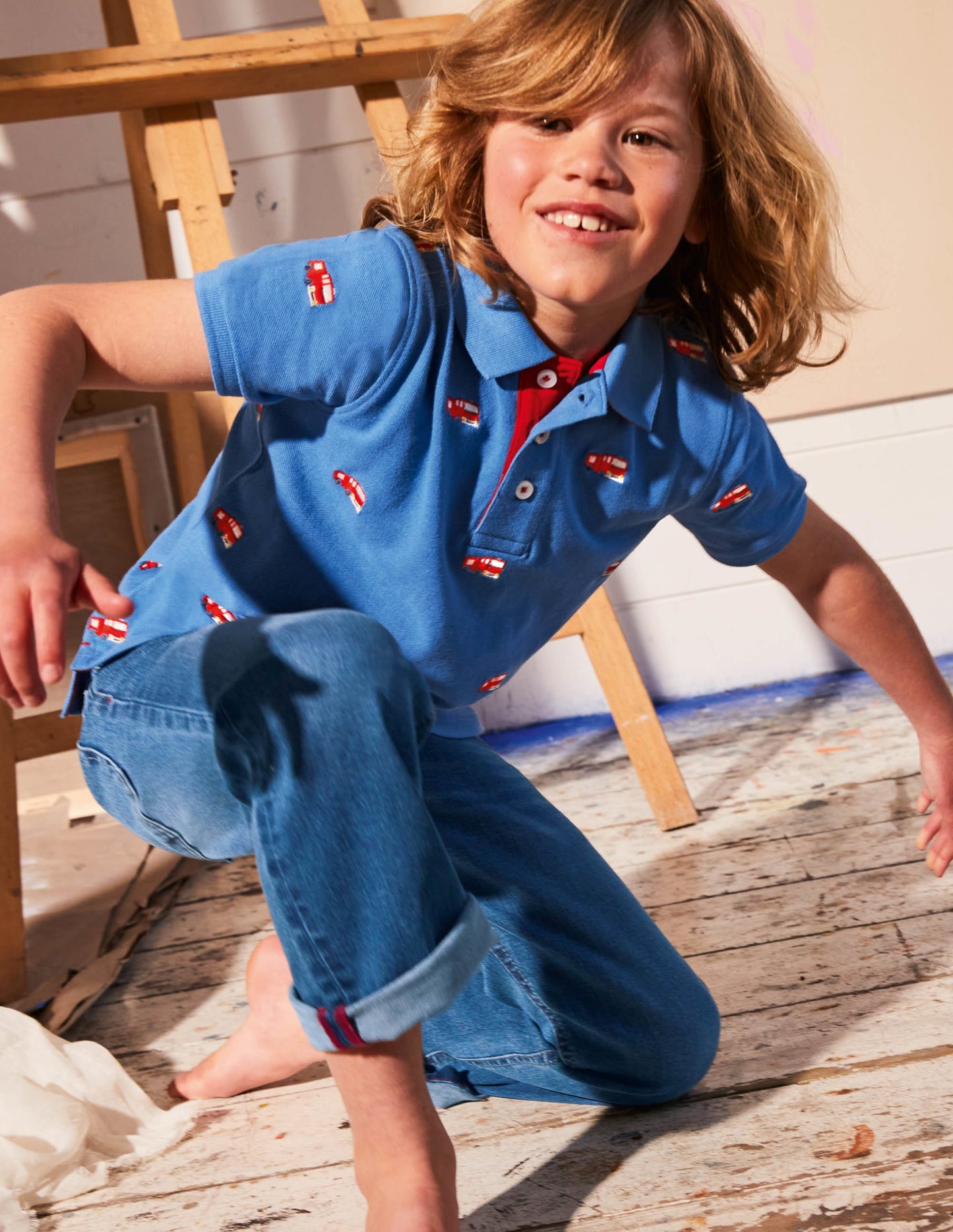 Piqué-Poloshirt-Elisabethanisches Blau, Feuerwehrautos