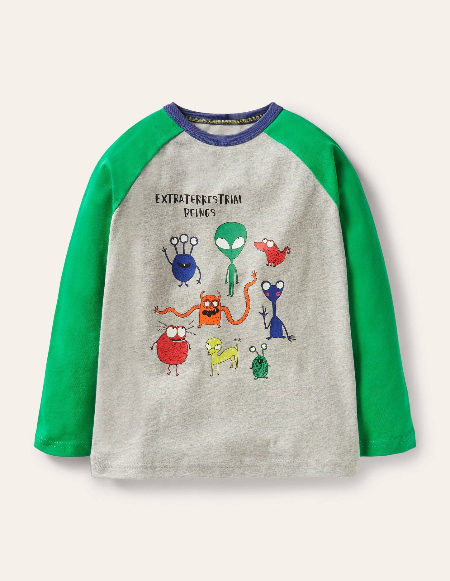 Raglan-Oberteil mit leuchtendem Weltallmotiv-Grau Meliert/Grün, Aliens