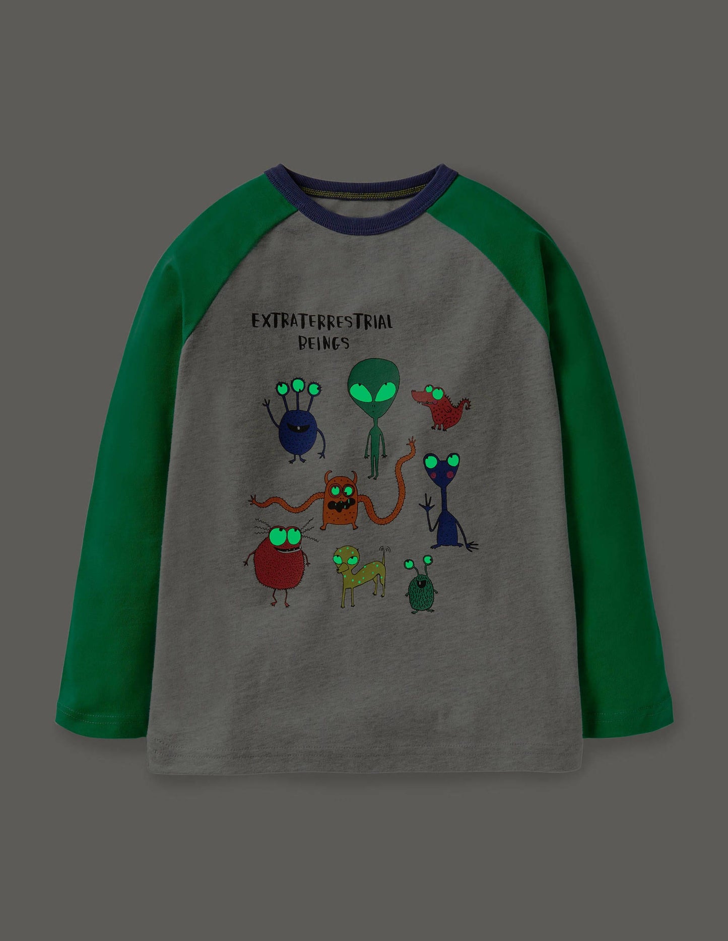 Raglan-Oberteil mit leuchtendem Weltallmotiv-Grau Meliert/Grün, Aliens