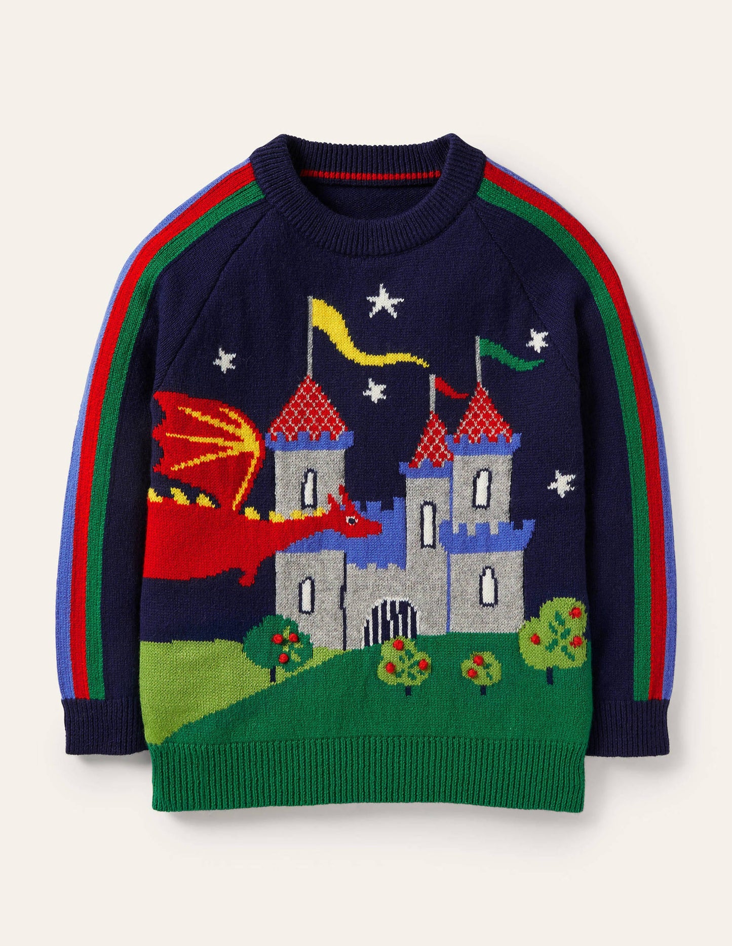 Rundhalspullover mit Drachenmotiv-Schuluniform-Navy, Regenbogen/Schloss