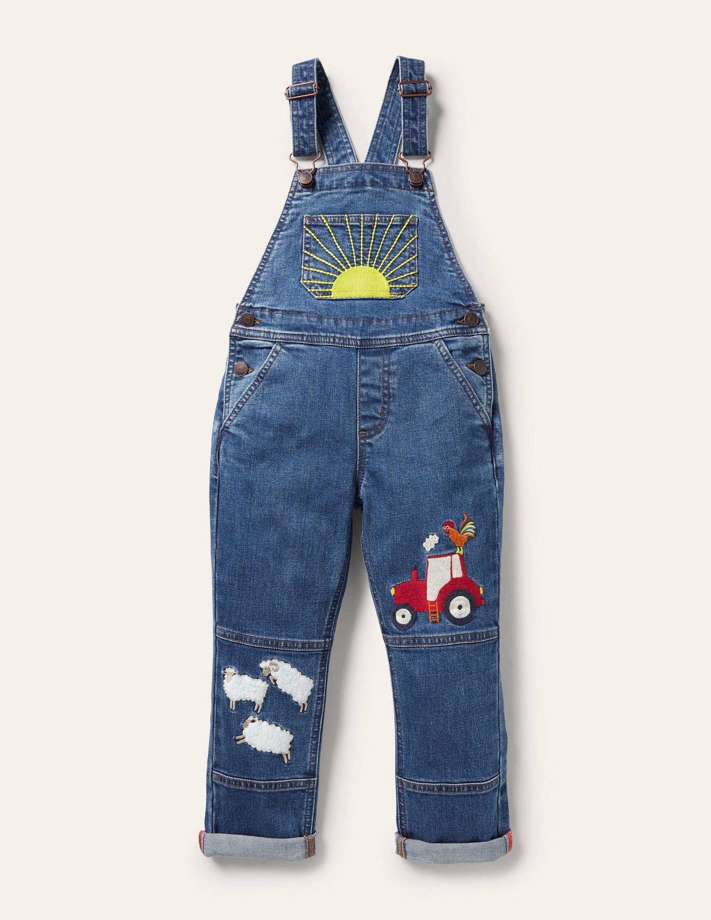 Fröhliche Latzhose-Dunkles Vintageblau, Wettermotiv