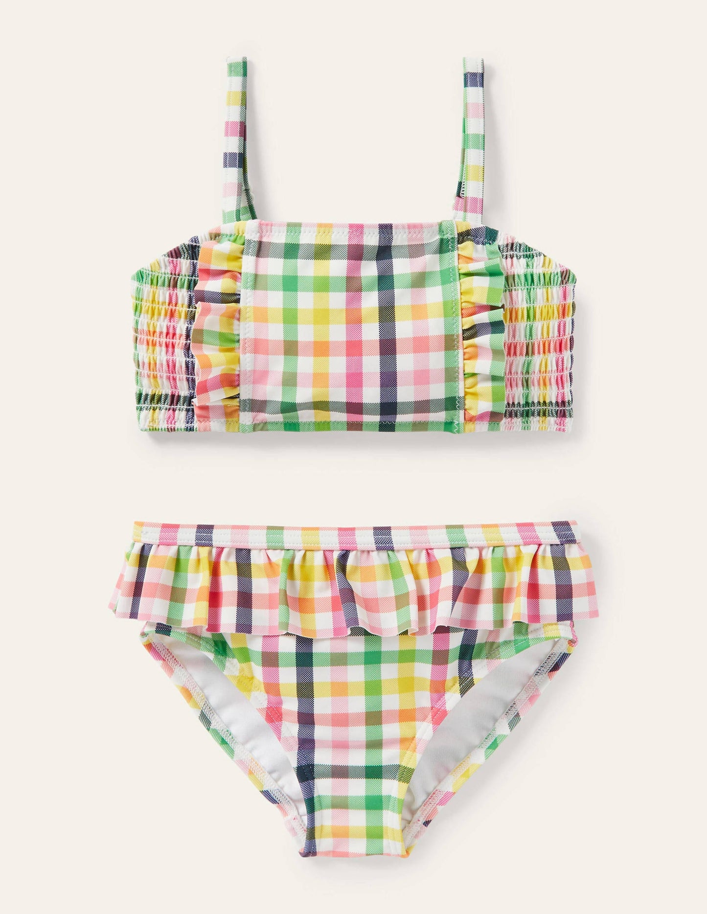 Nostalgischer Bikini mit Smokdetail-Bunt, Regenbogenfarbene Vichykaros