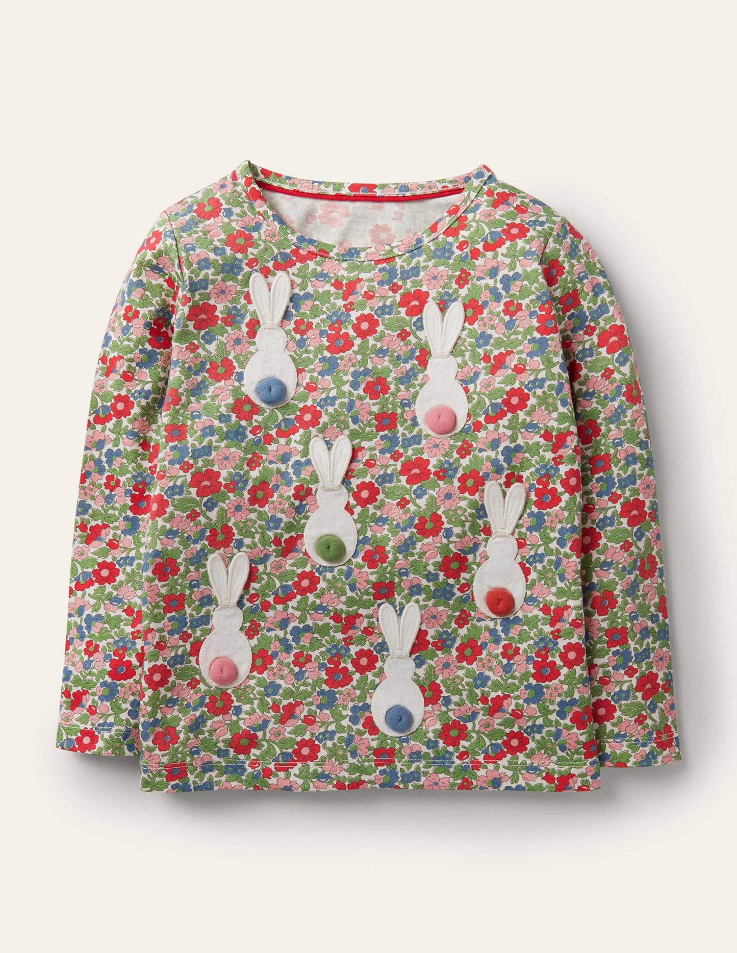 3D-Flatteroberteil-Bunt/Vintageblau, Blumen/Häschen