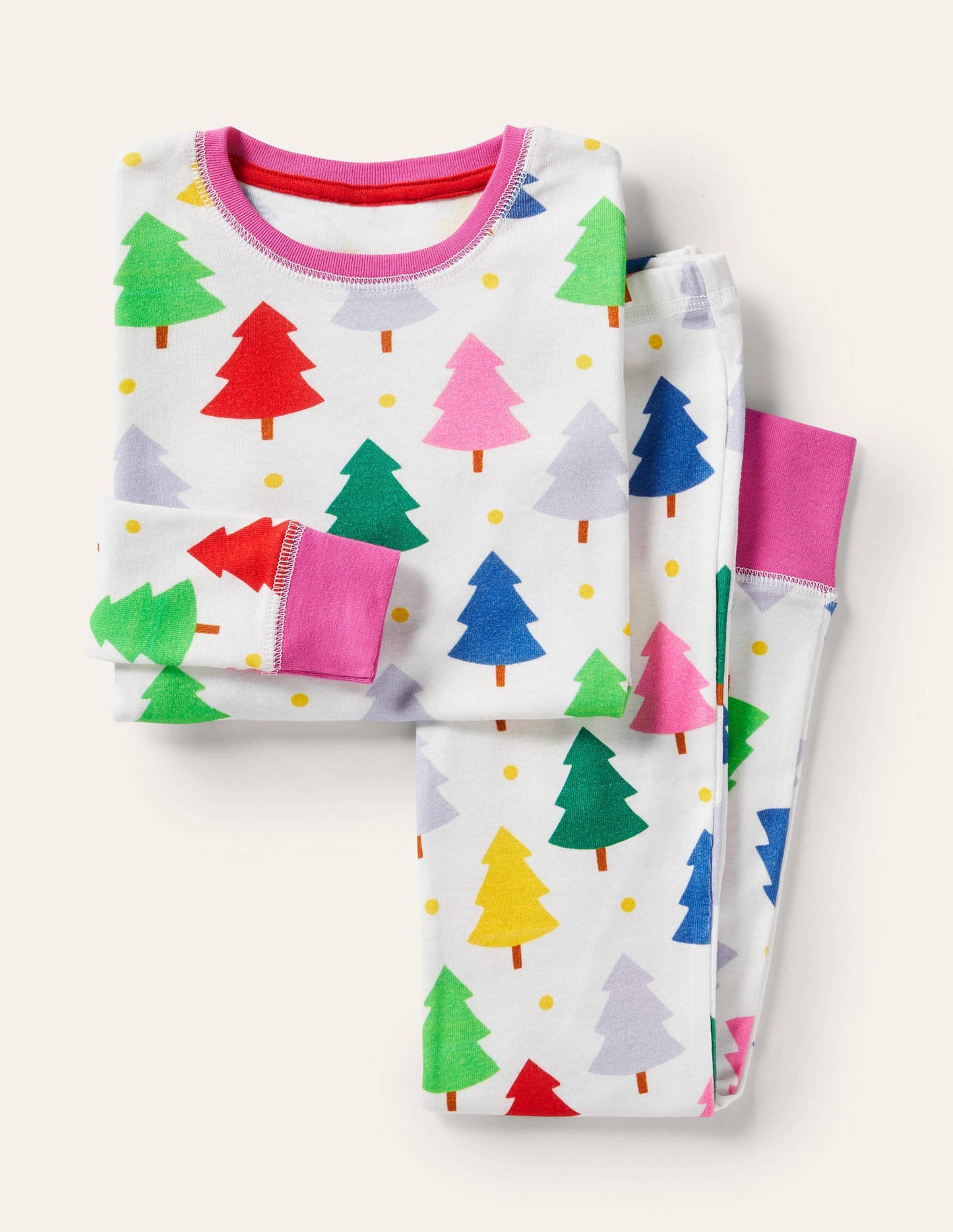 Langer Schlafanzug mit anliegender Passform-Naturweiß/Regenbogen, Weihnachtsbäume