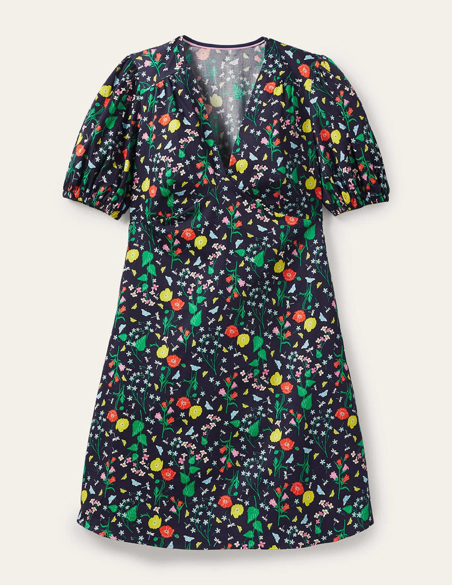 Puff Sleeve Cotton Tea Dress-French Navy, Butterfly Garden