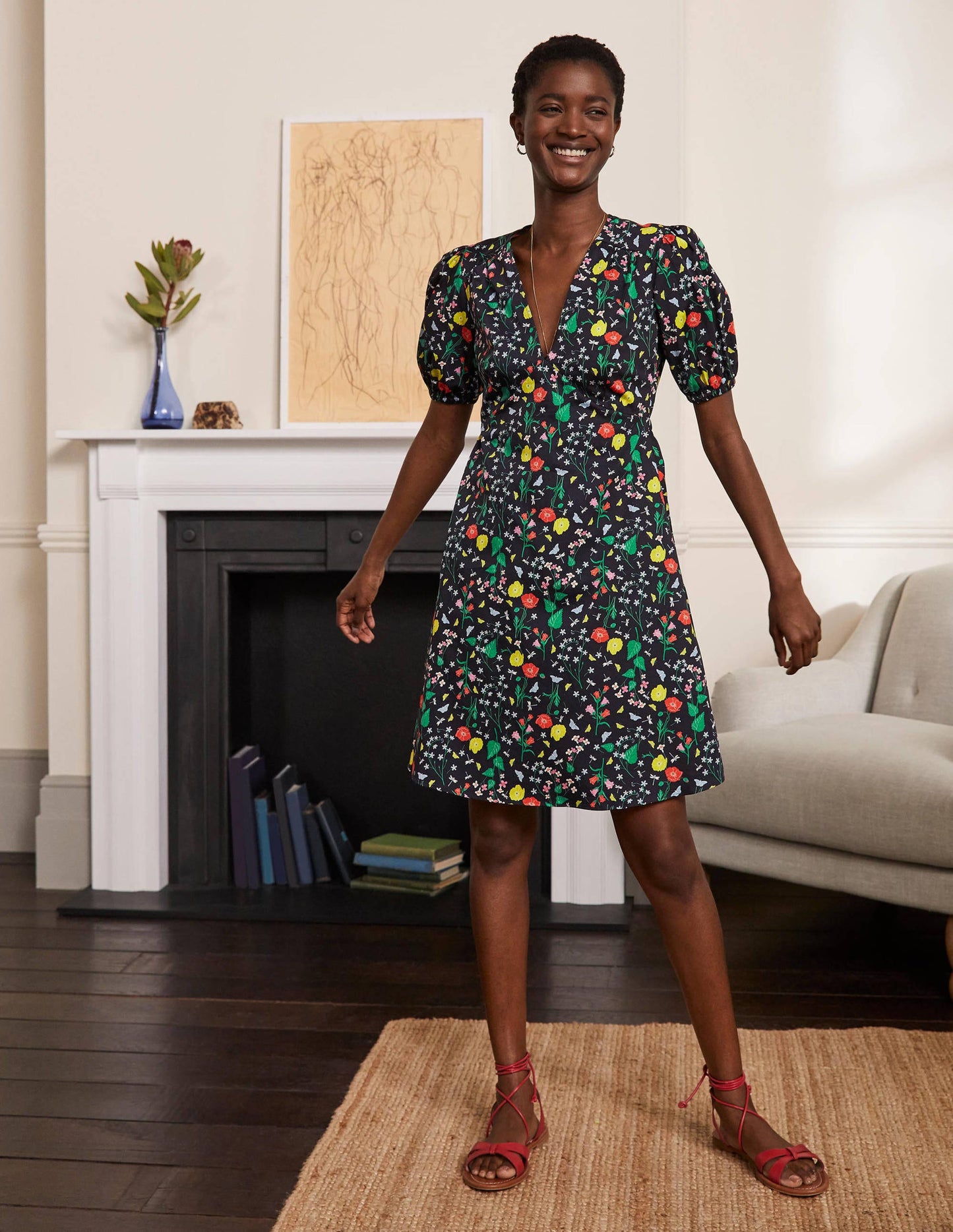 Puff Sleeve Cotton Tea Dress-French Navy, Butterfly Garden