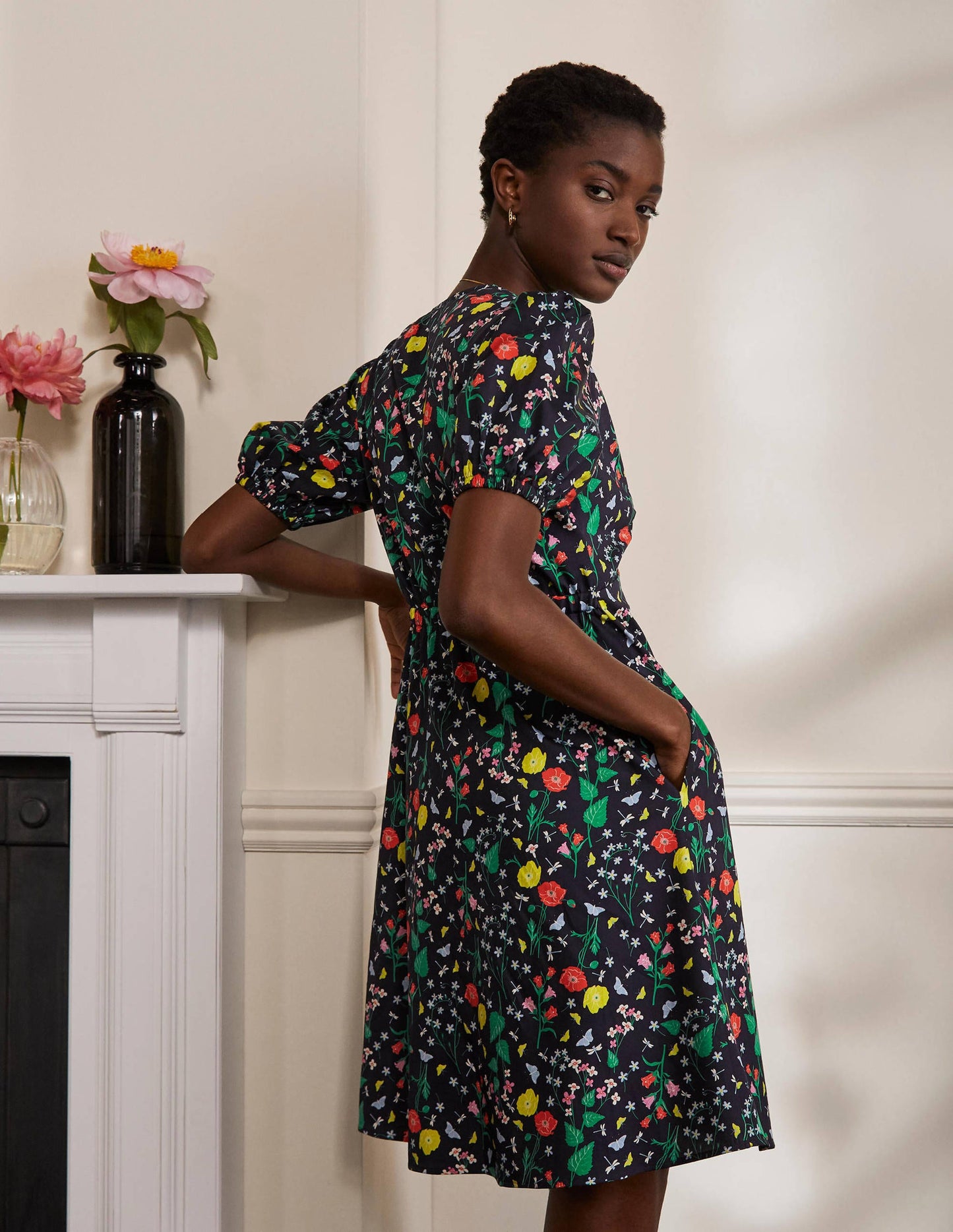 Puff Sleeve Cotton Tea Dress-French Navy, Butterfly Garden