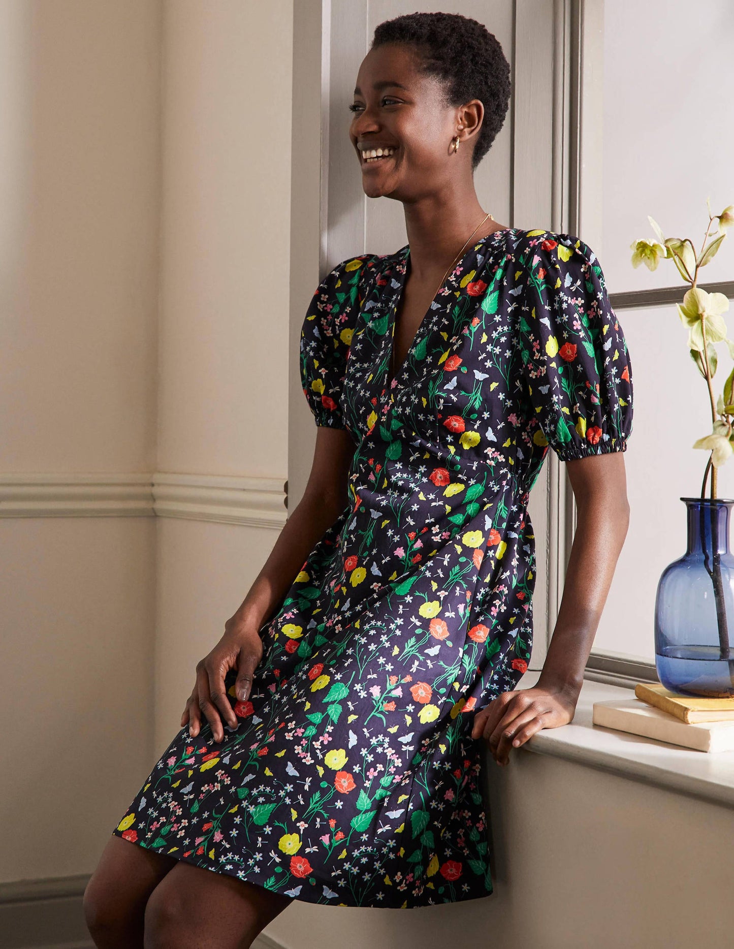 Puff Sleeve Cotton Tea Dress-French Navy, Butterfly Garden