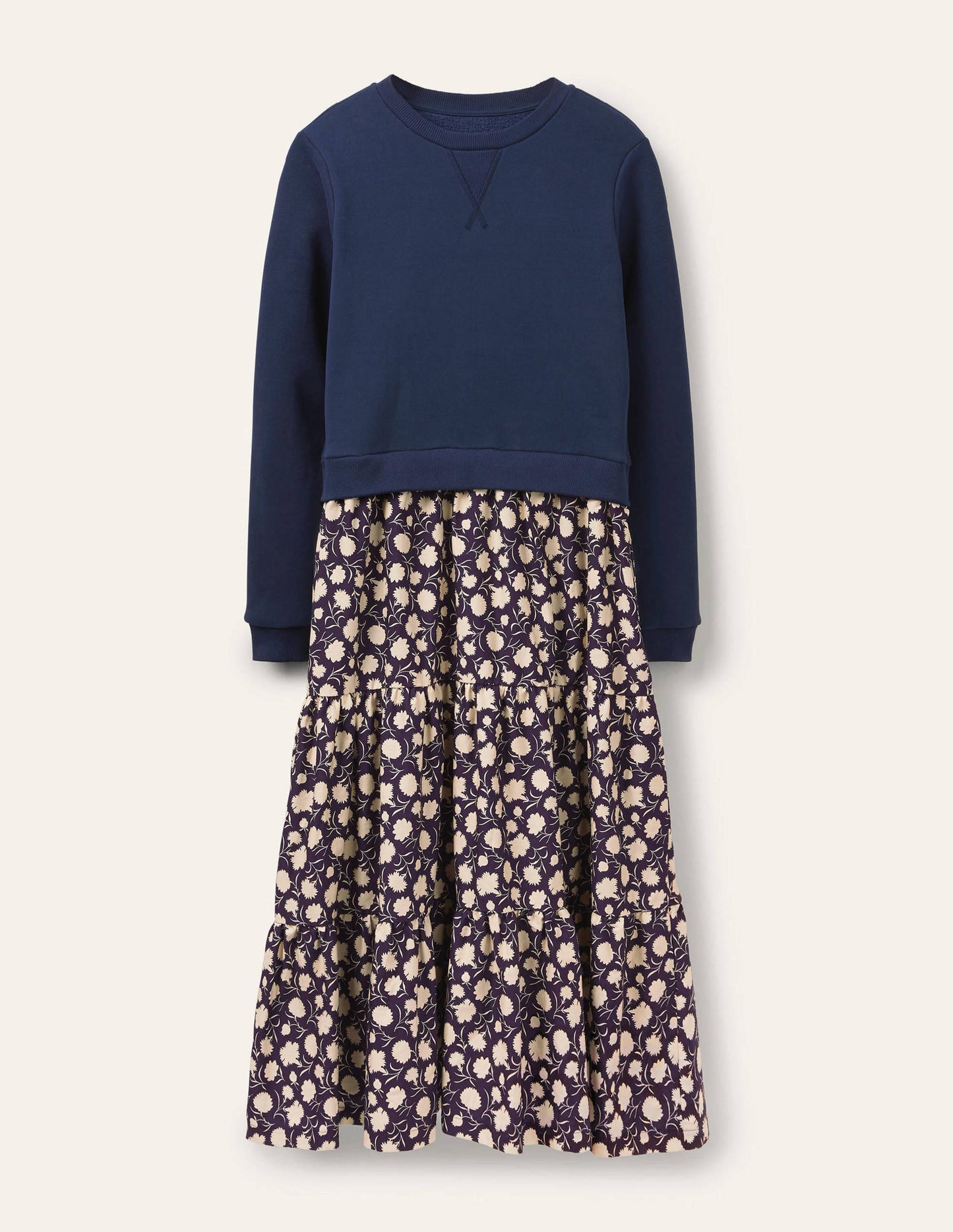 Stufenkleid aus einer Webmischung-Französisches Navy, Blätter und Blüten