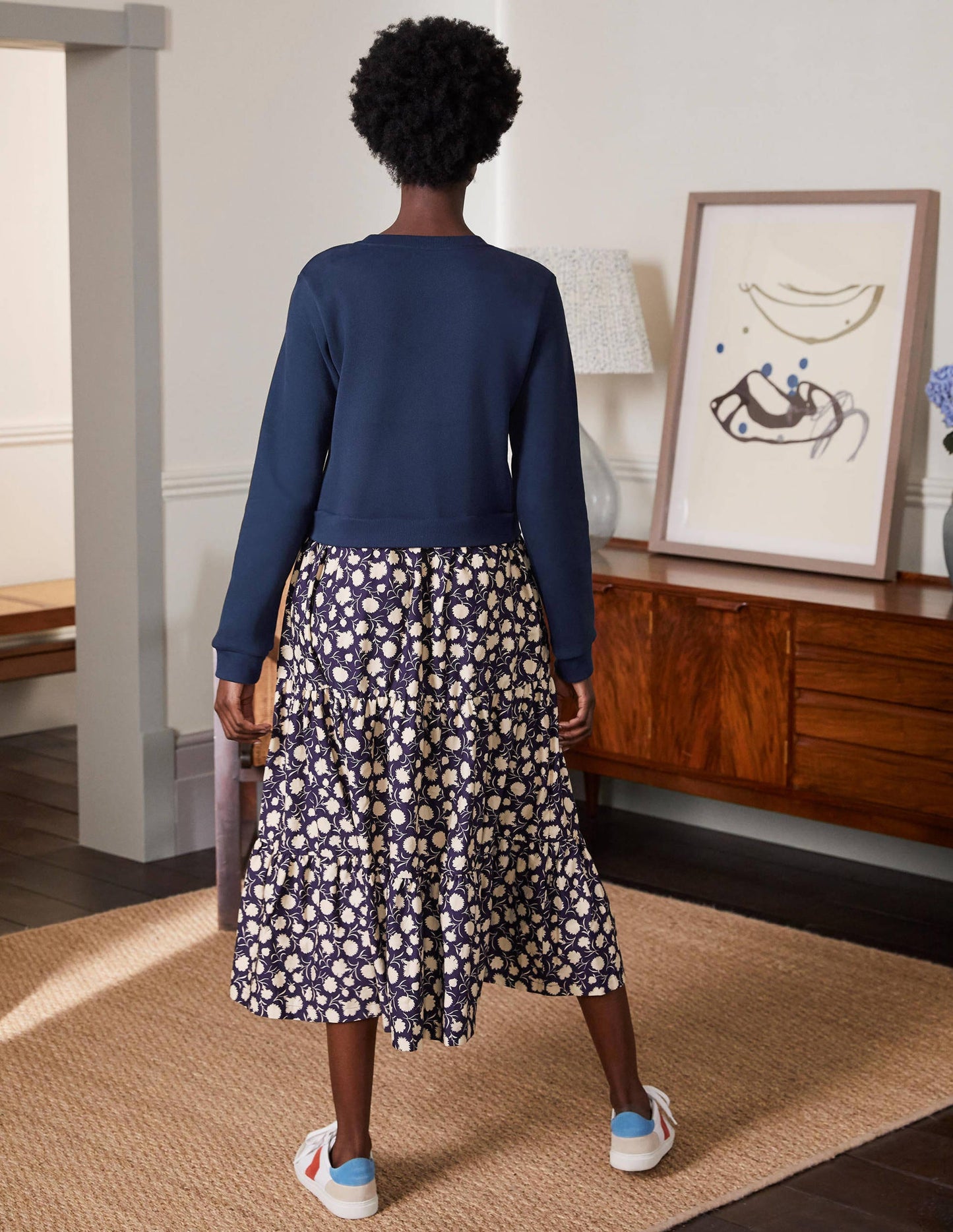 Stufenkleid aus einer Webmischung-Französisches Navy, Blätter und Blüten