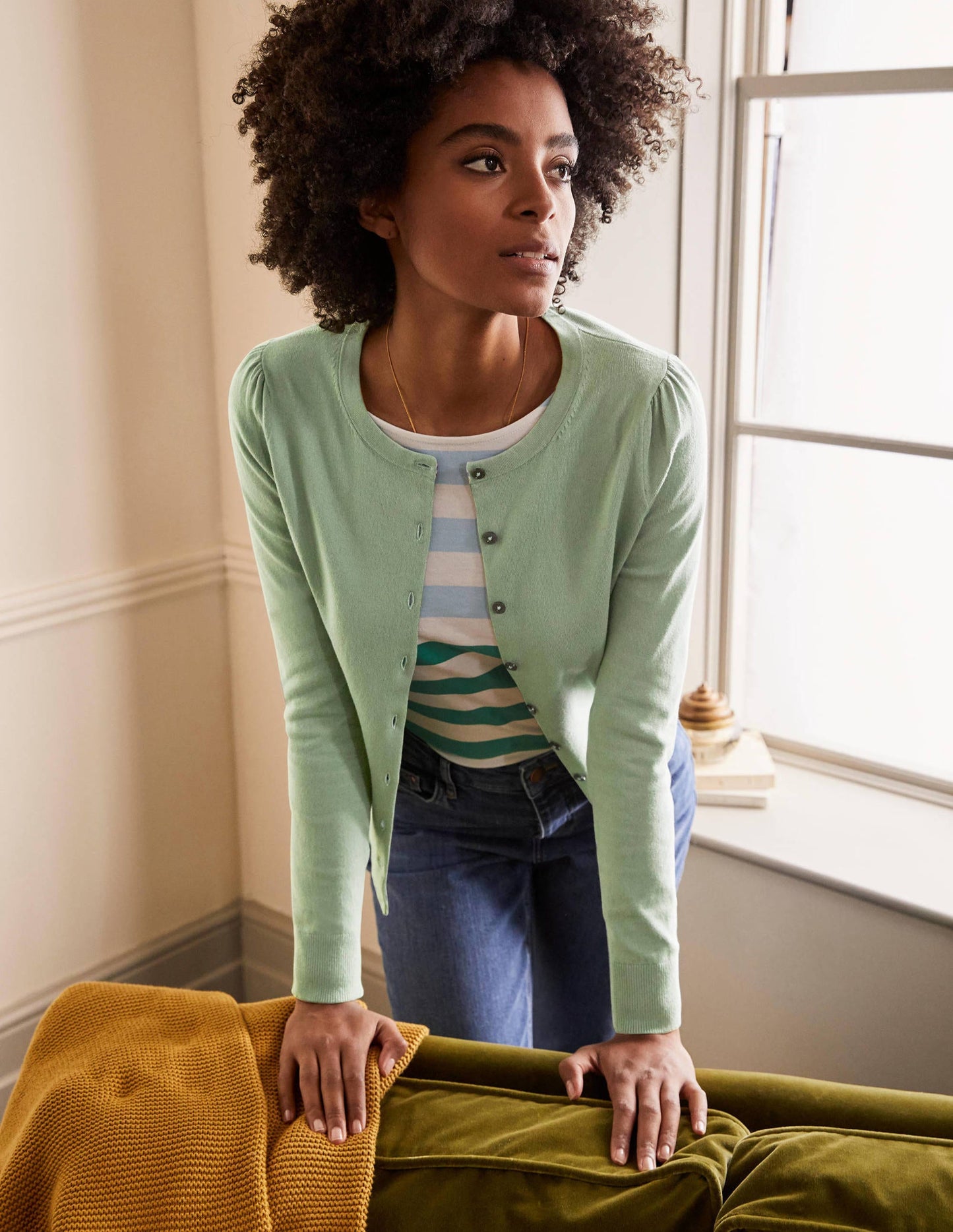 Cotton Crew Neck Cardigan-Duck Egg