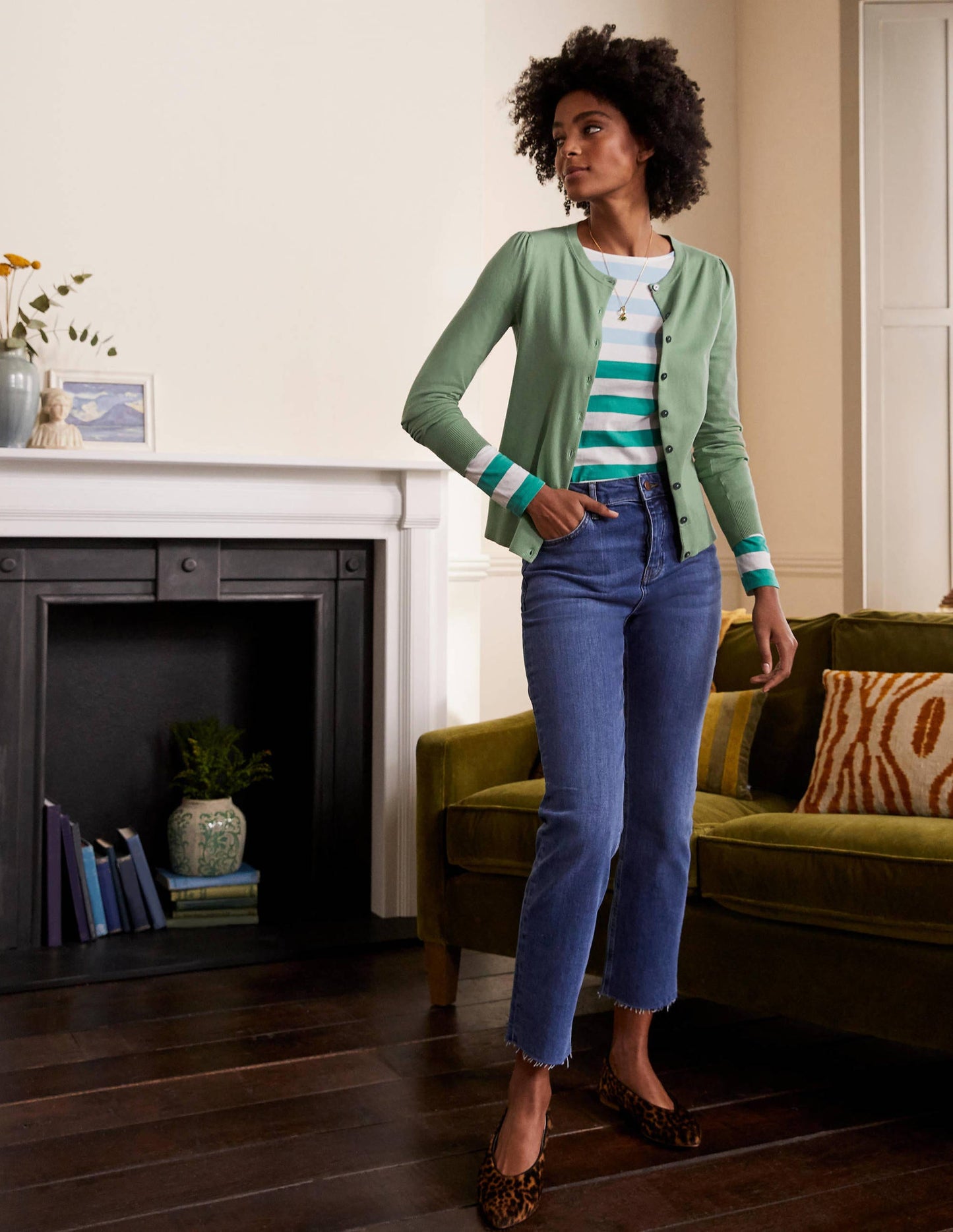 Cotton Crew Neck Cardigan-Duck Egg