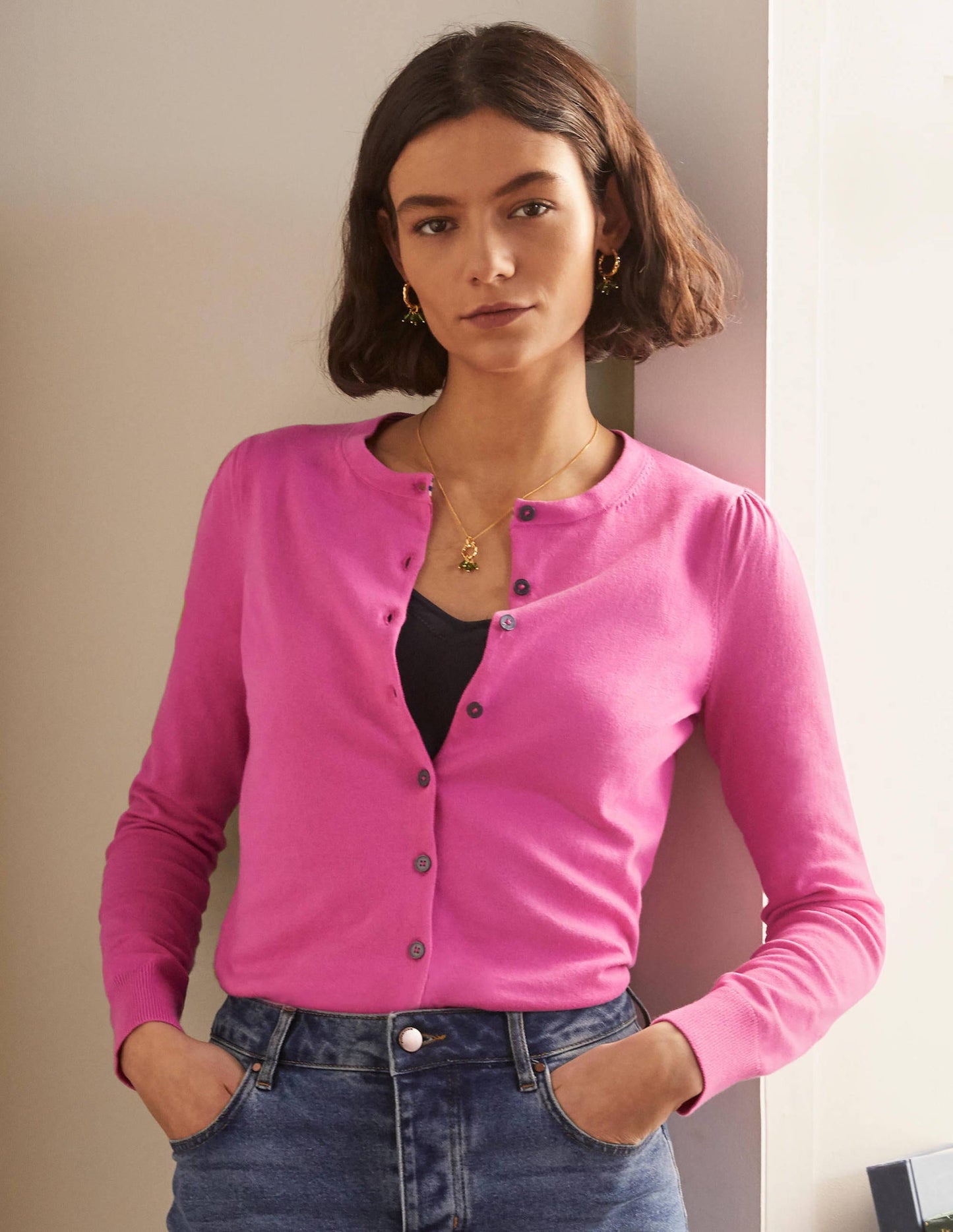 Cotton Crew Neck Cardigan-Candy Pink