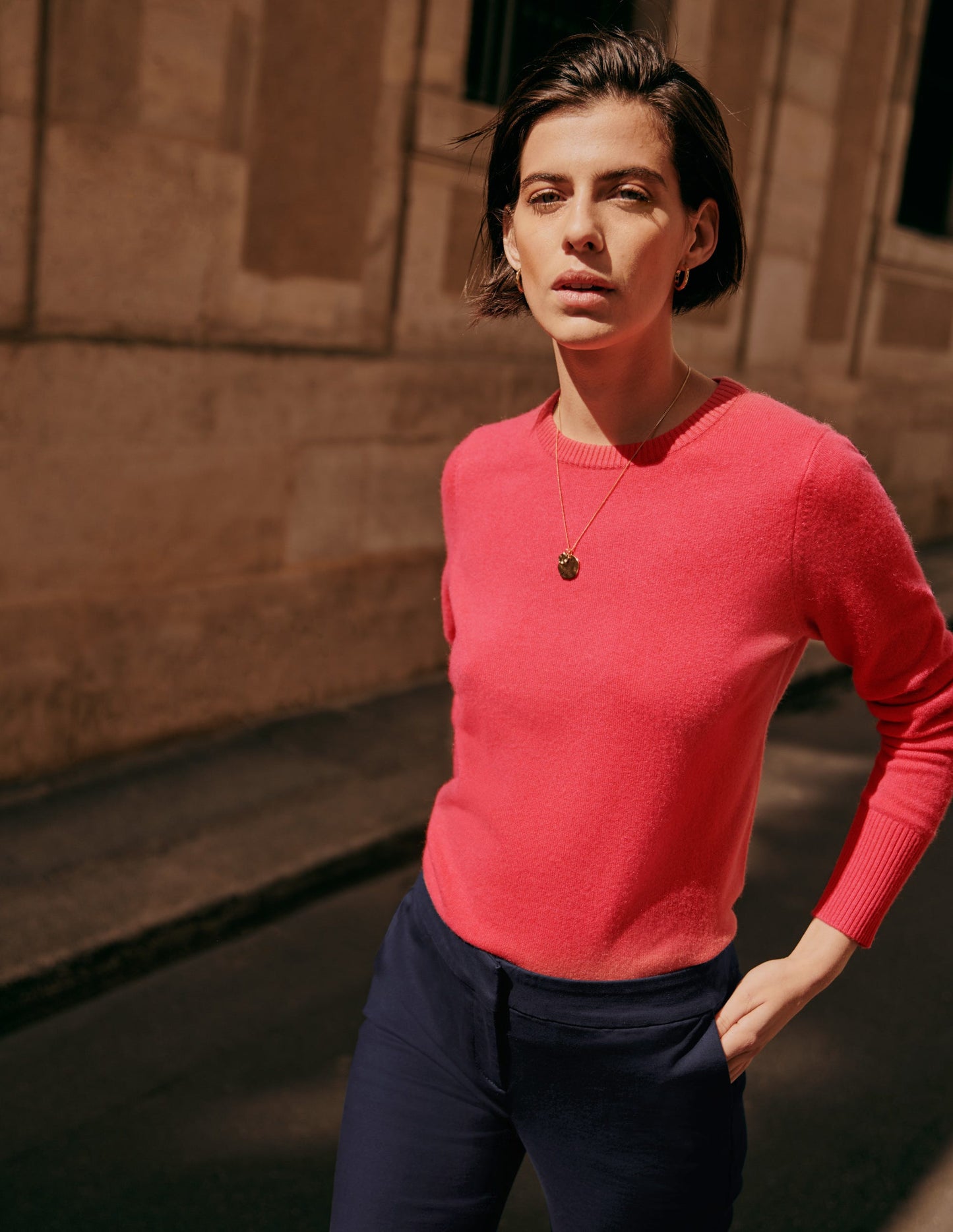 Kaschmirpullover mit Rundhalsausschnitt-Korallenrot