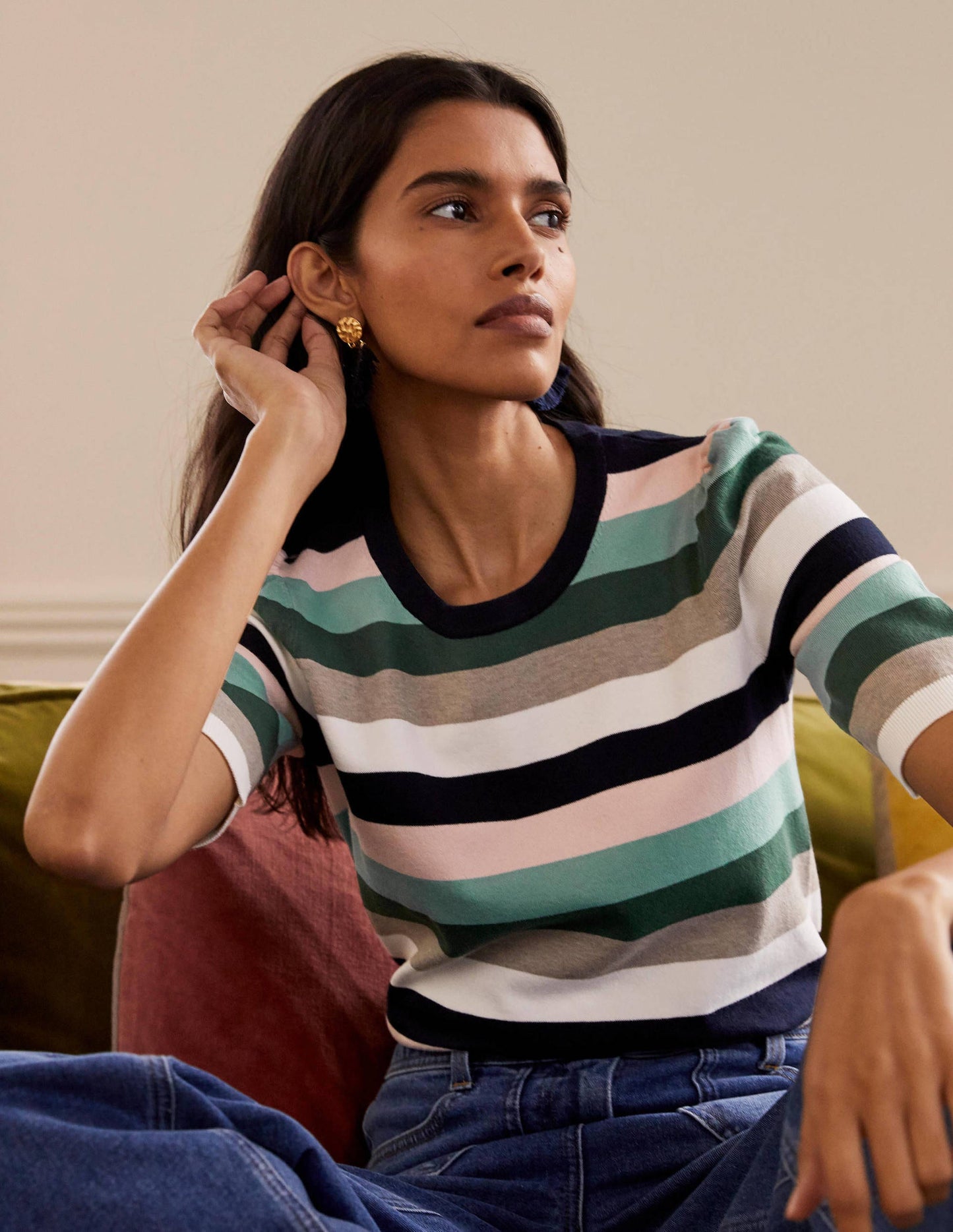 Cotton Crew Knitted Top-Palm Leaf, Multi Stripe