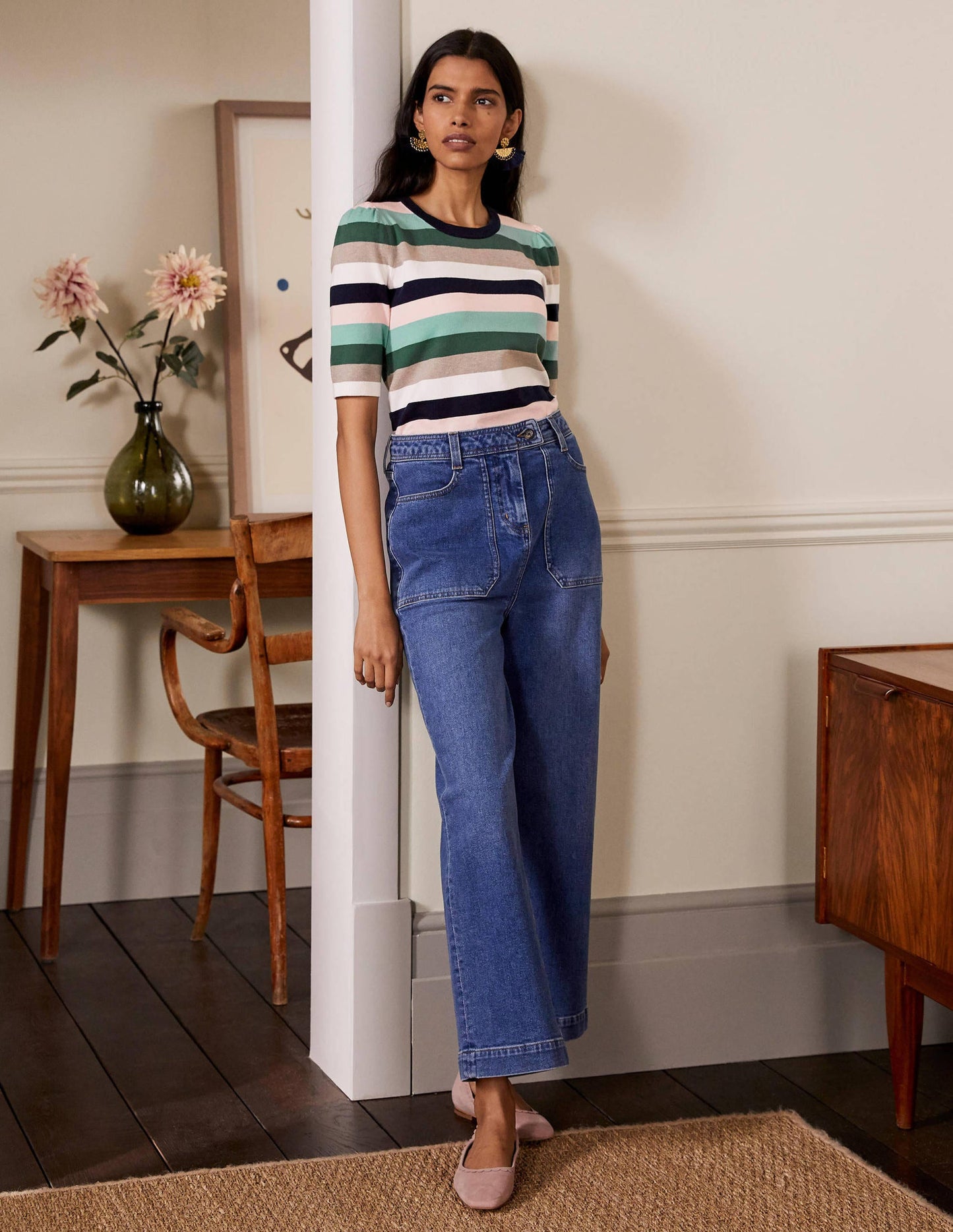 Cotton Crew Knitted Top-Palm Leaf, Multi Stripe