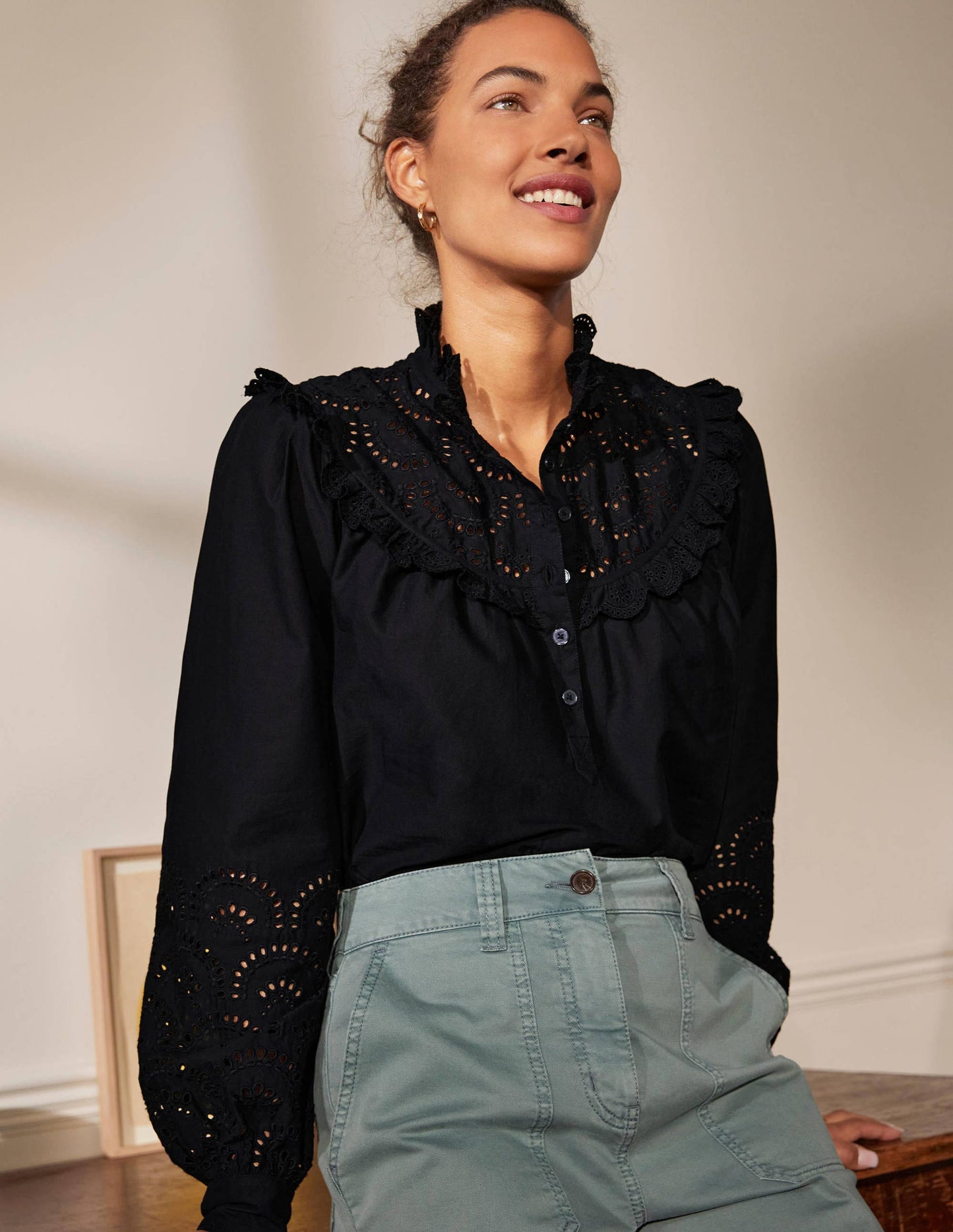 Broderie Frill Cotton Shirt-Black