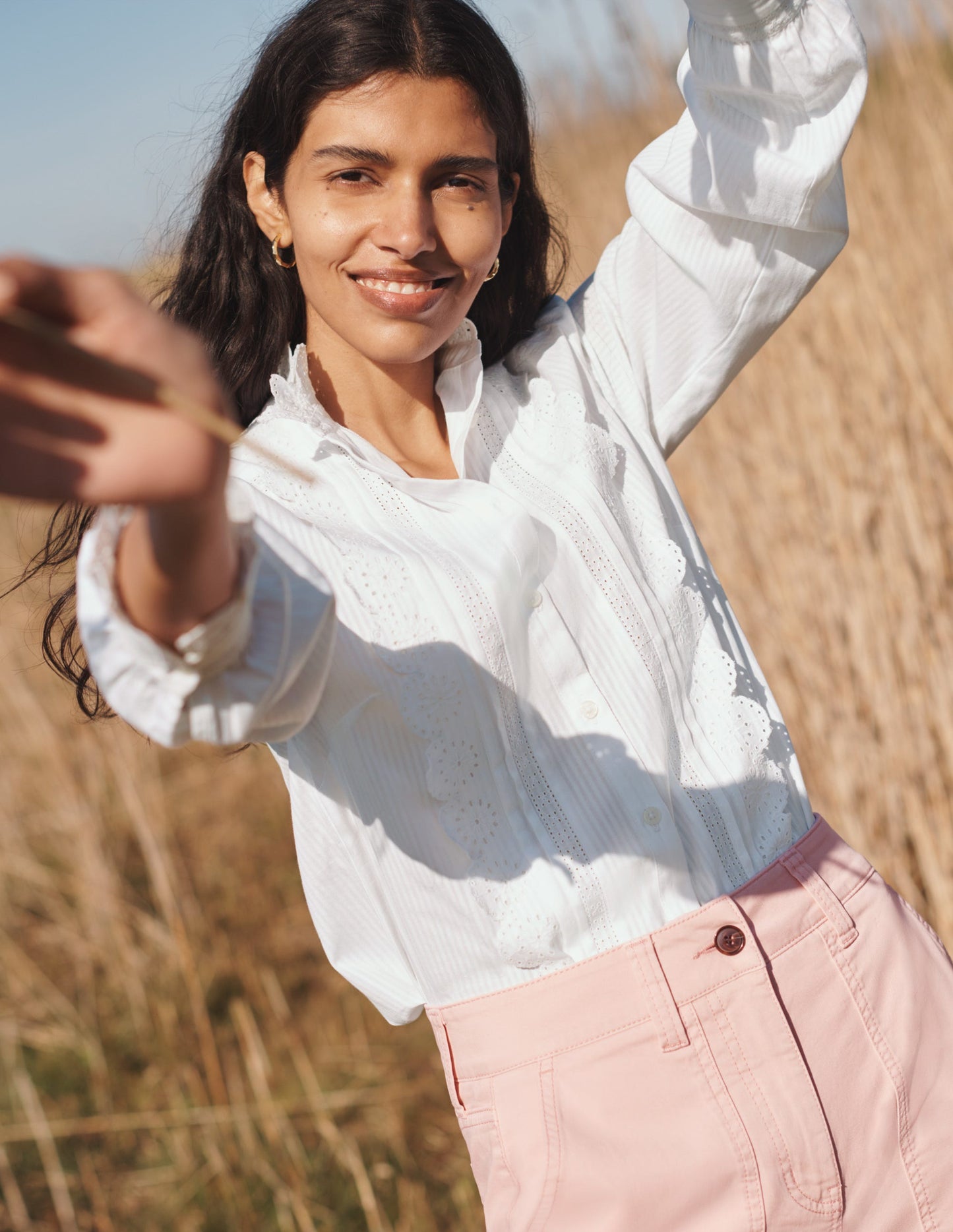 Broderie Ruffle Cotton Shirt-White