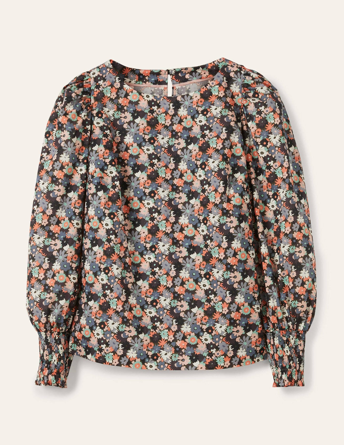 Smocked Cuff Cotton Top-Tin Grey, Paintbox Ditsy