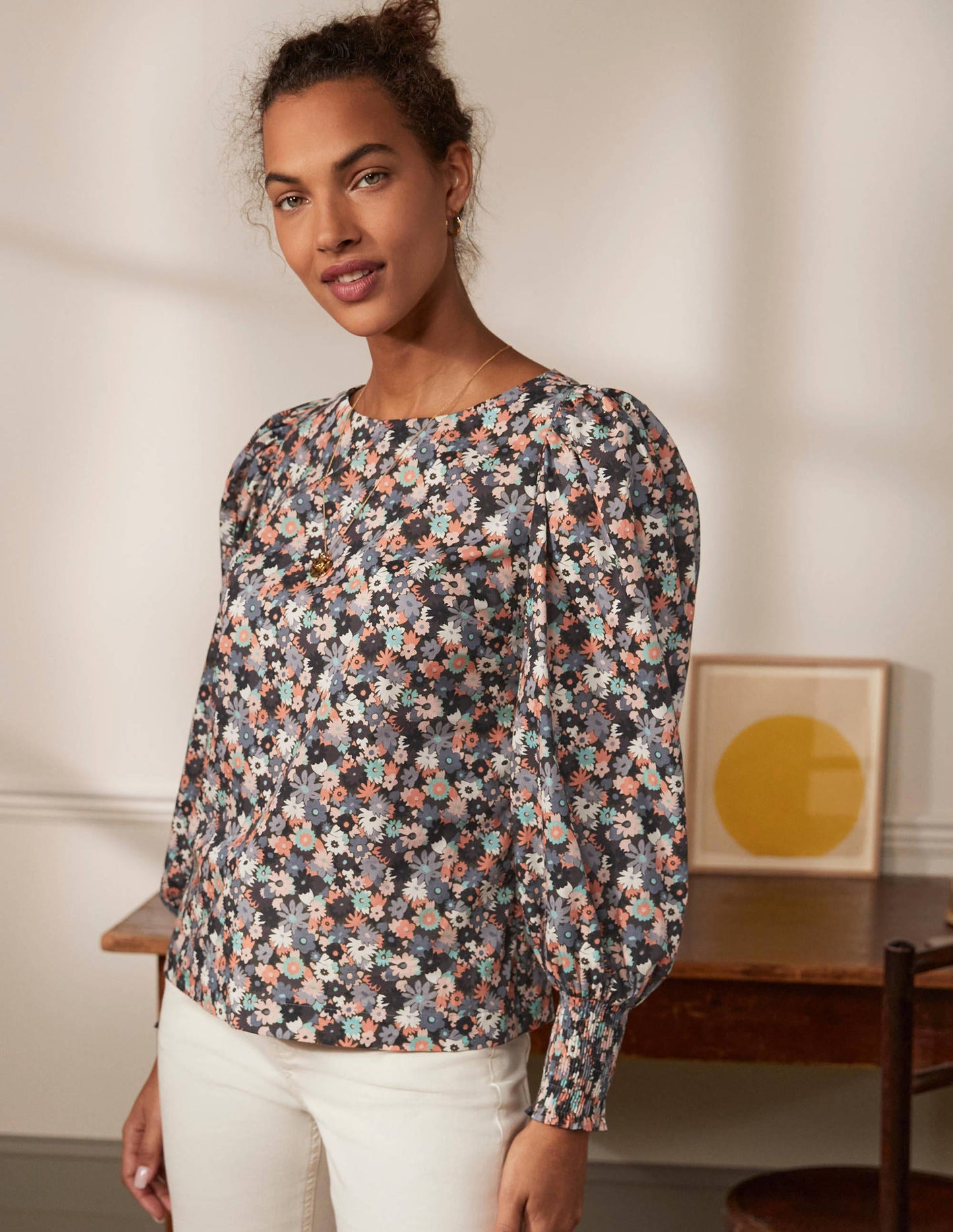 Smocked Cuff Cotton Top-Tin Grey, Paintbox Ditsy