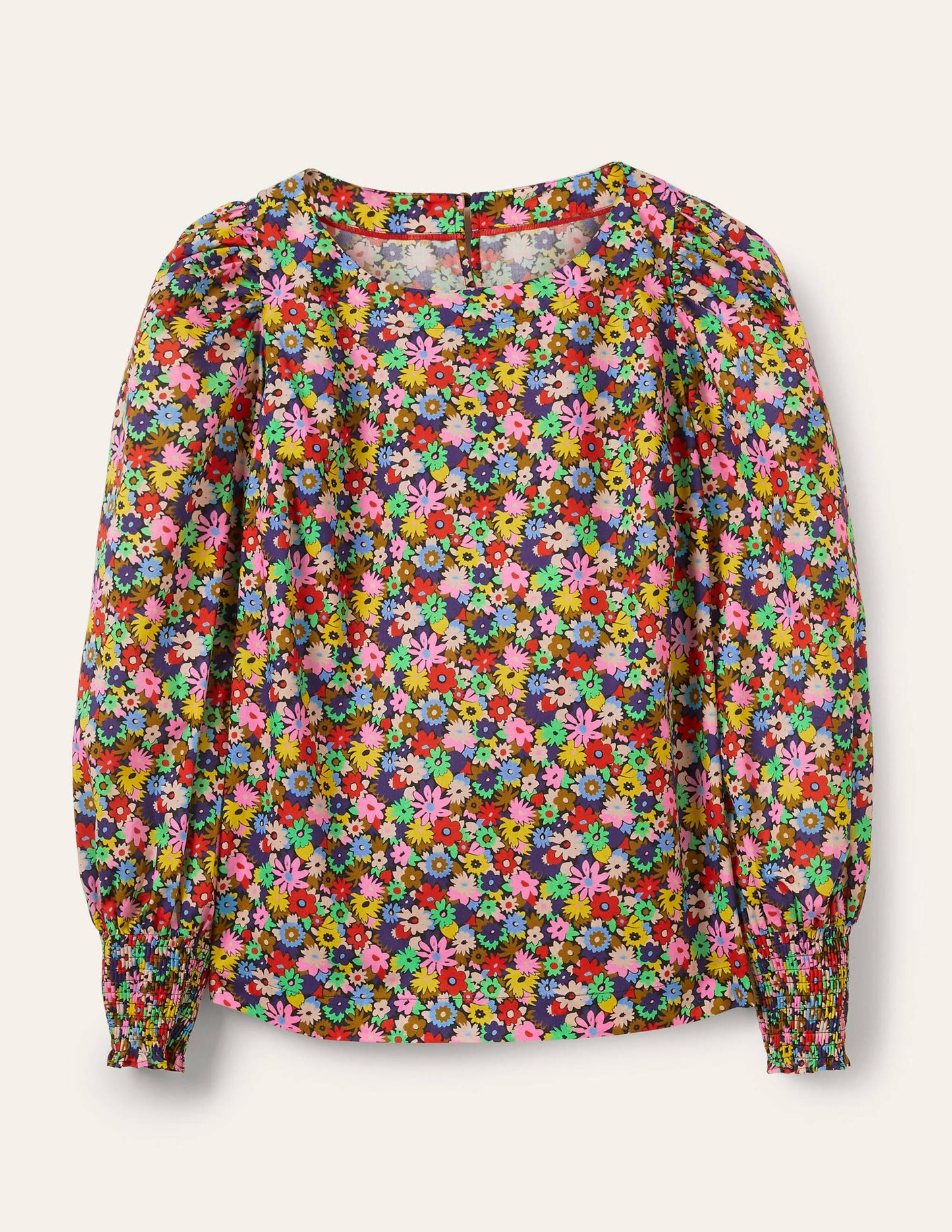 Smocked Cuff Cotton Top-Cherry Red, Paintbox Ditsy