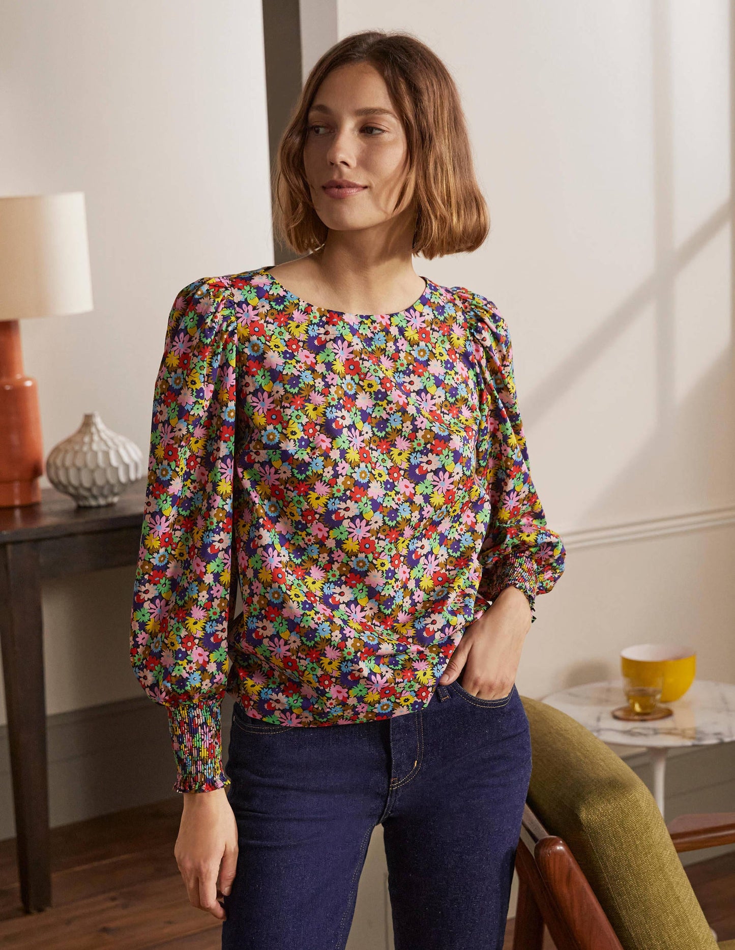 Smocked Cuff Cotton Top-Cherry Red, Paintbox Ditsy