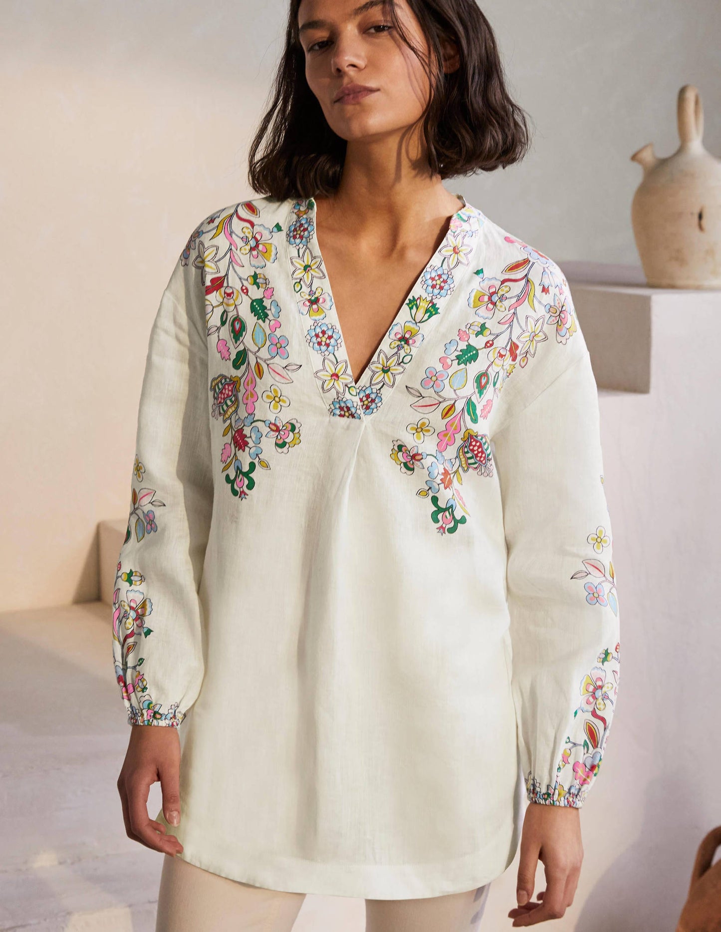 Hannah Leinenhemd-Naturweiß, Kaleidoskop-Blumenmuster