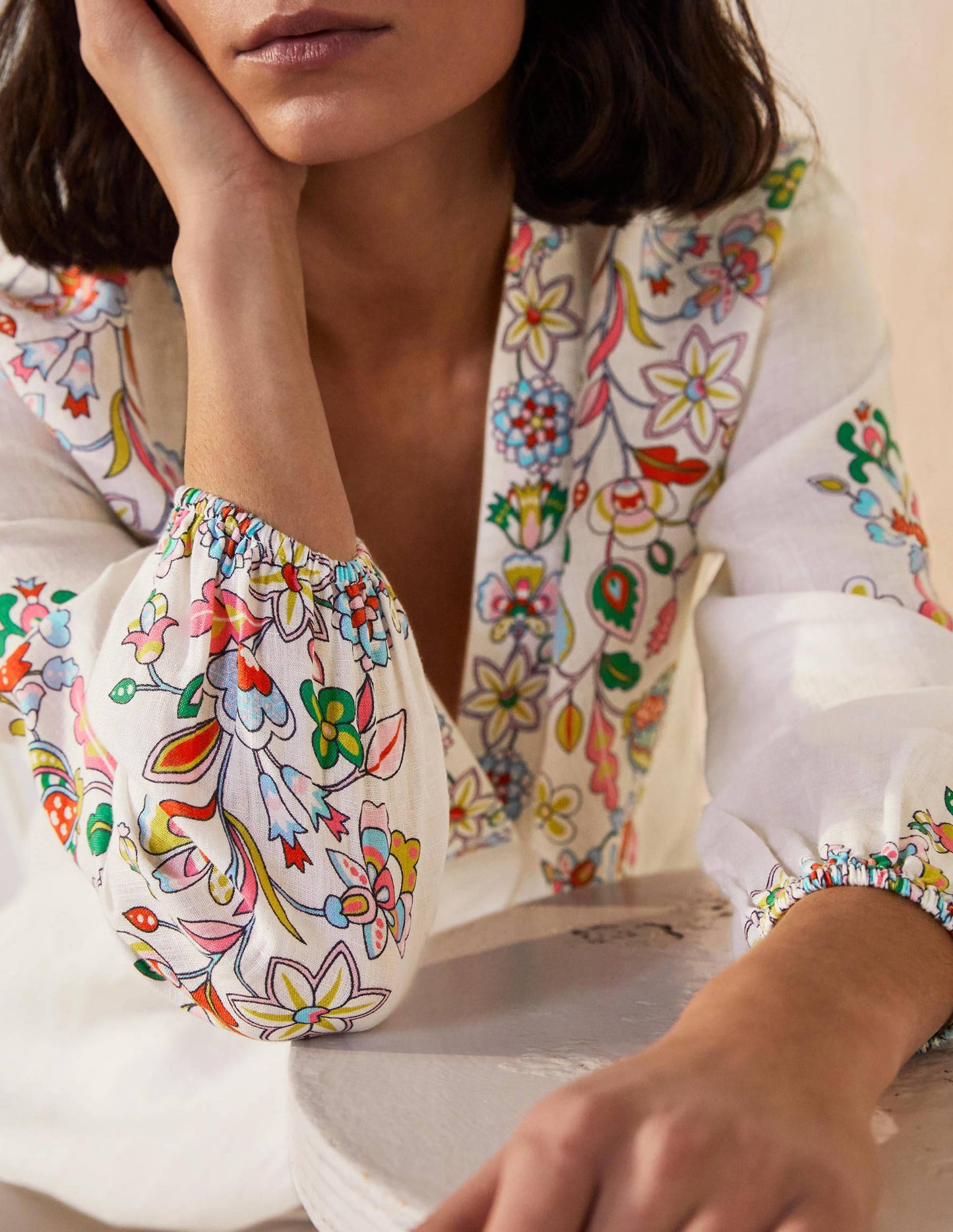 Hannah Leinenhemd-Naturweiß, Kaleidoskop-Blumenmuster