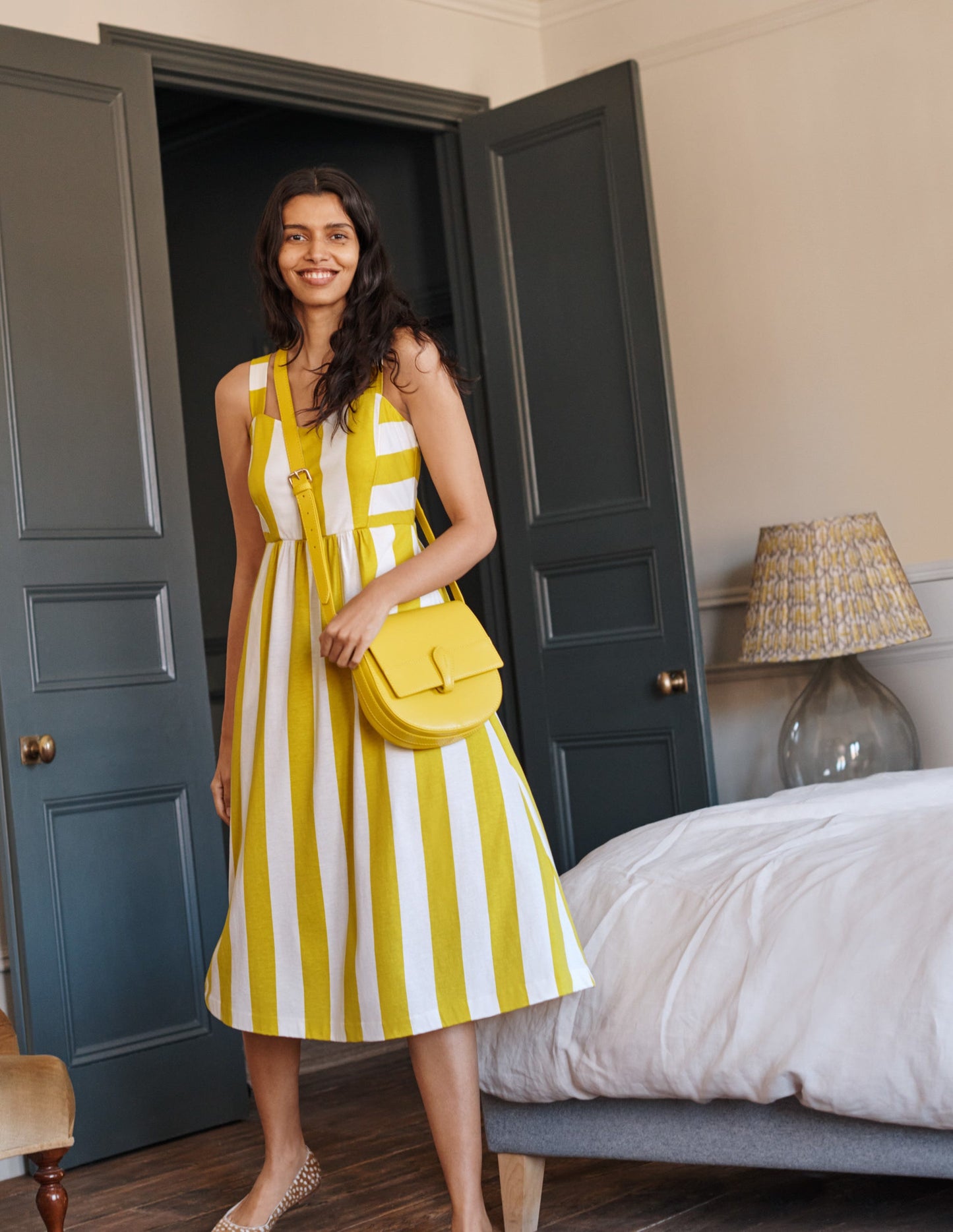 Lucy Gestreiftes Jerseykleid-Schwefelgelb/Naturweiß, Gestreift