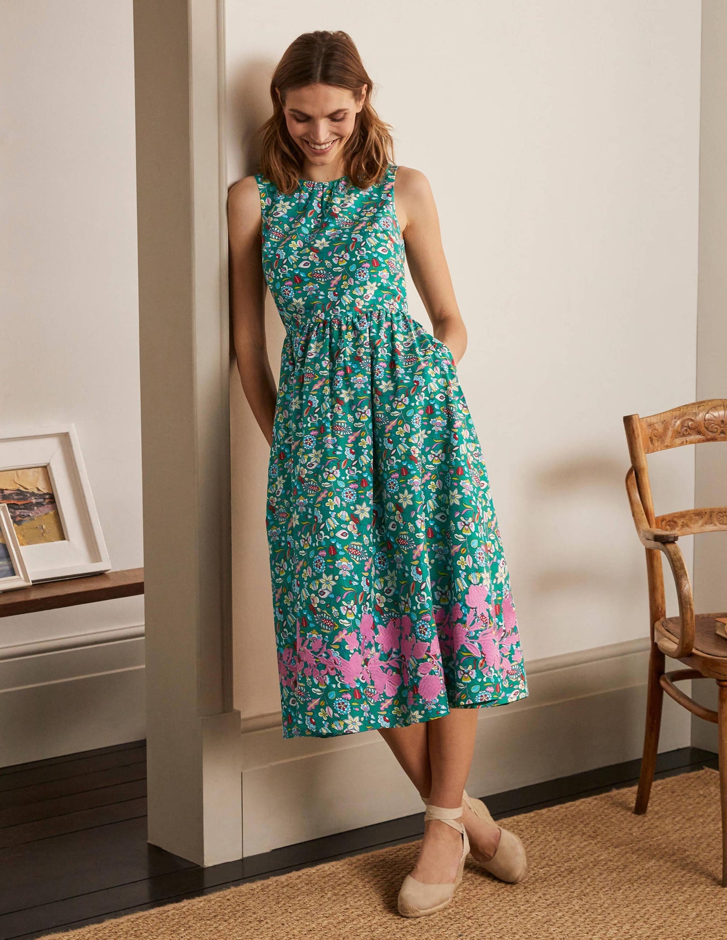 Embroidered Cotton Midi Dress-Green, Kaleidoscopic Floral