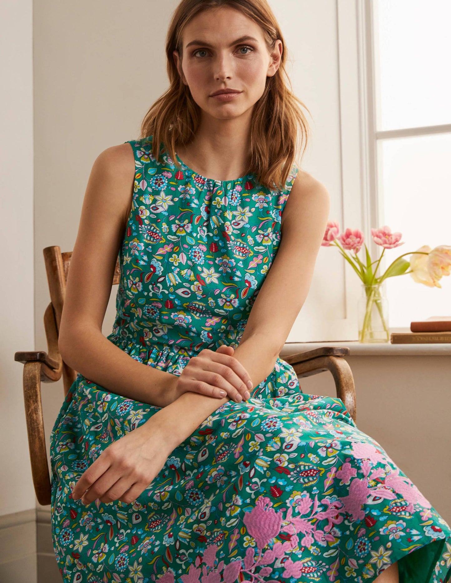 Embroidered Cotton Midi Dress-Green, Kaleidoscopic Floral