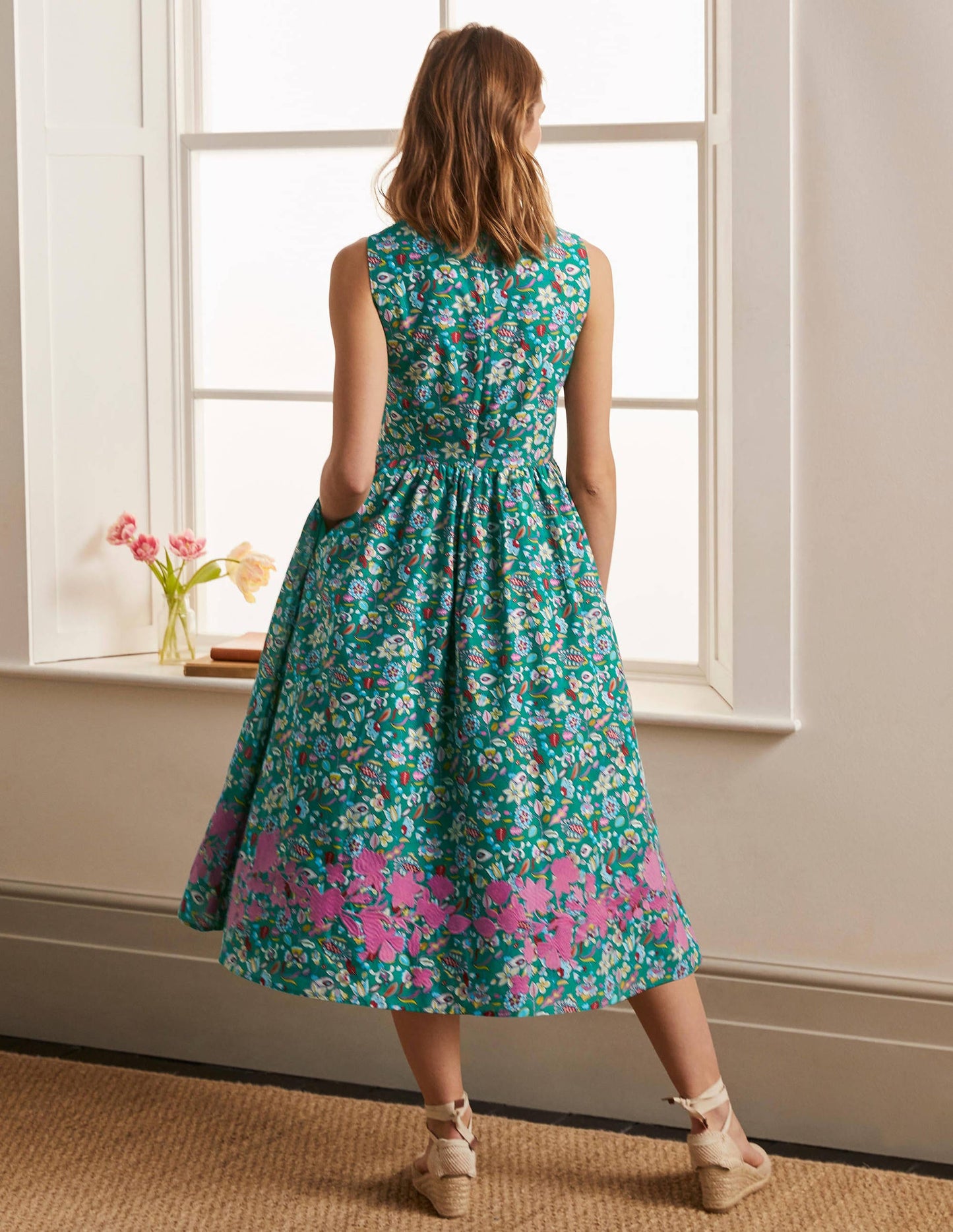Embroidered Cotton Midi Dress-Green, Kaleidoscopic Floral