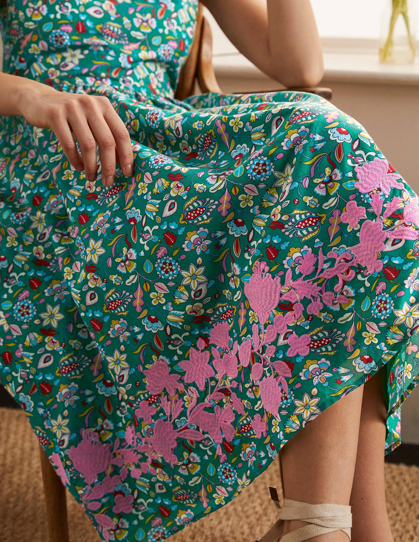 Embroidered Cotton Midi Dress-Green, Kaleidoscopic Floral