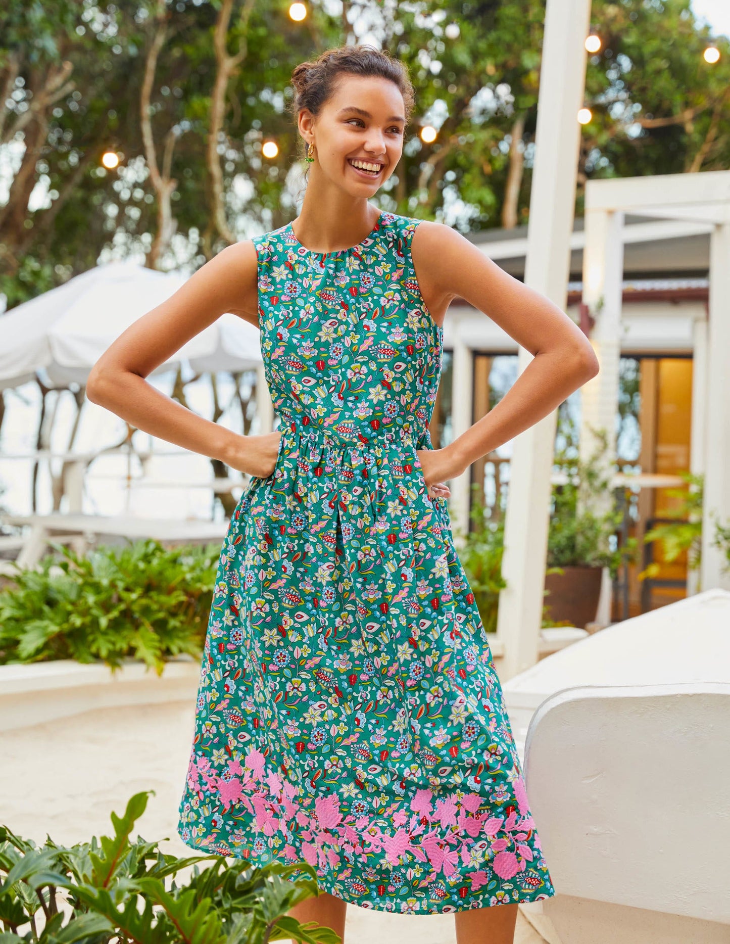 Embroidered Cotton Midi Dress-Green, Kaleidoscopic Floral