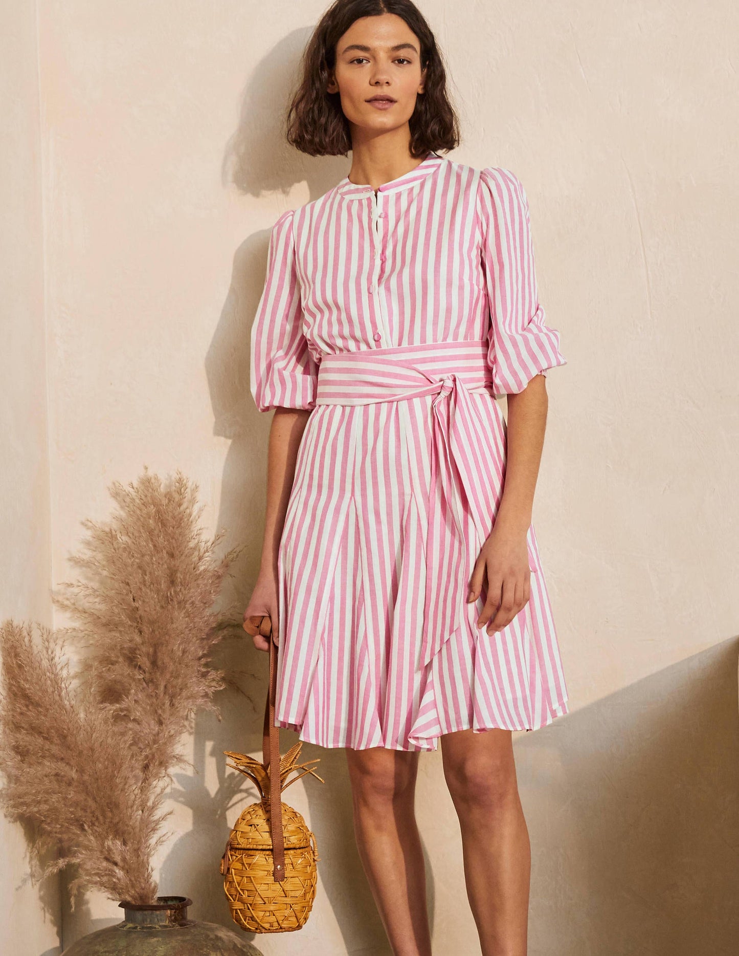 Puff Sleeve Cotton Dress-Party Pink Stripe