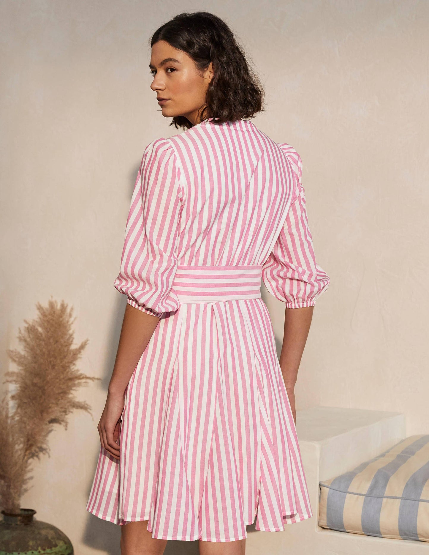Puff Sleeve Cotton Dress-Party Pink Stripe