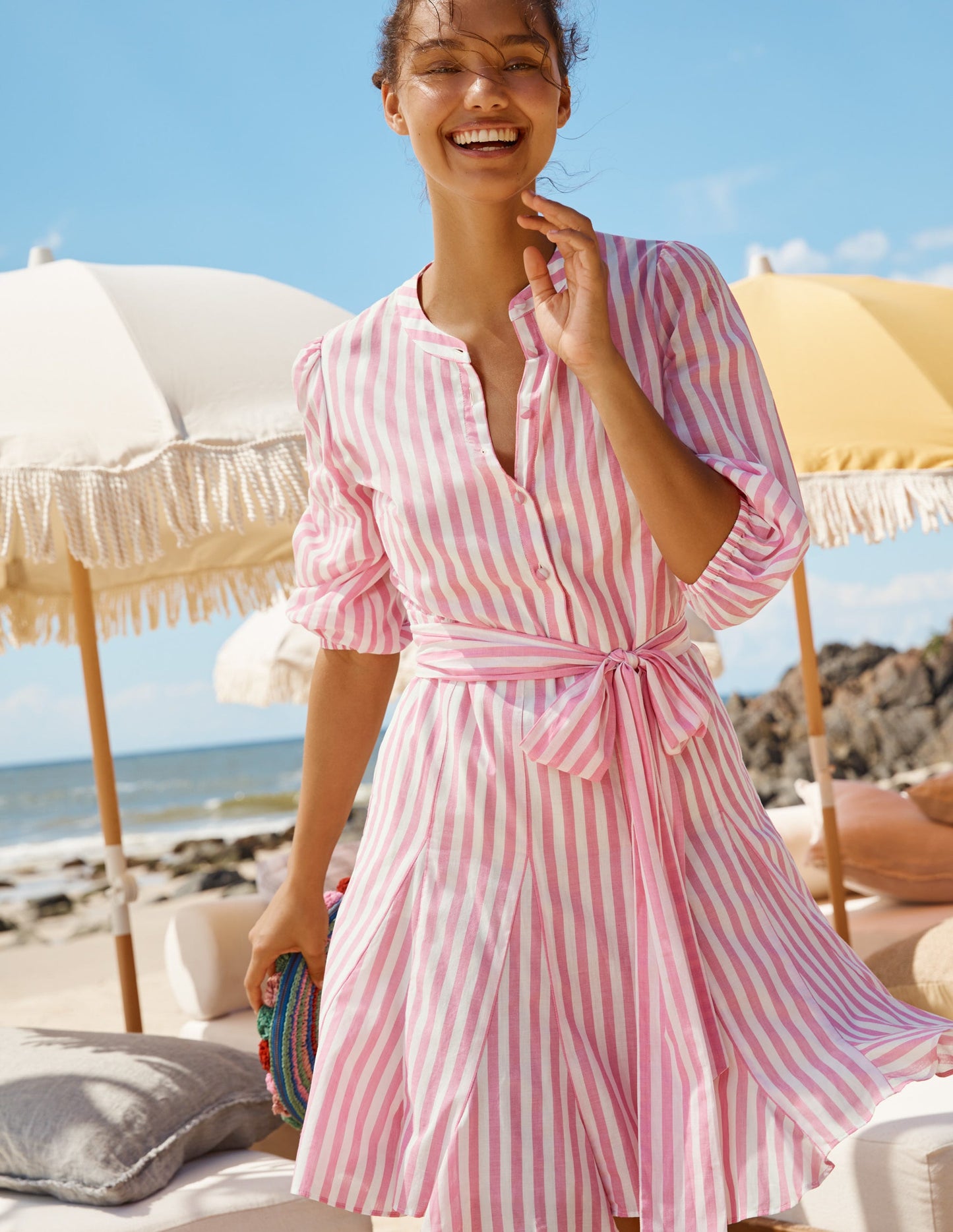 Puff Sleeve Cotton Dress-Party Pink Stripe