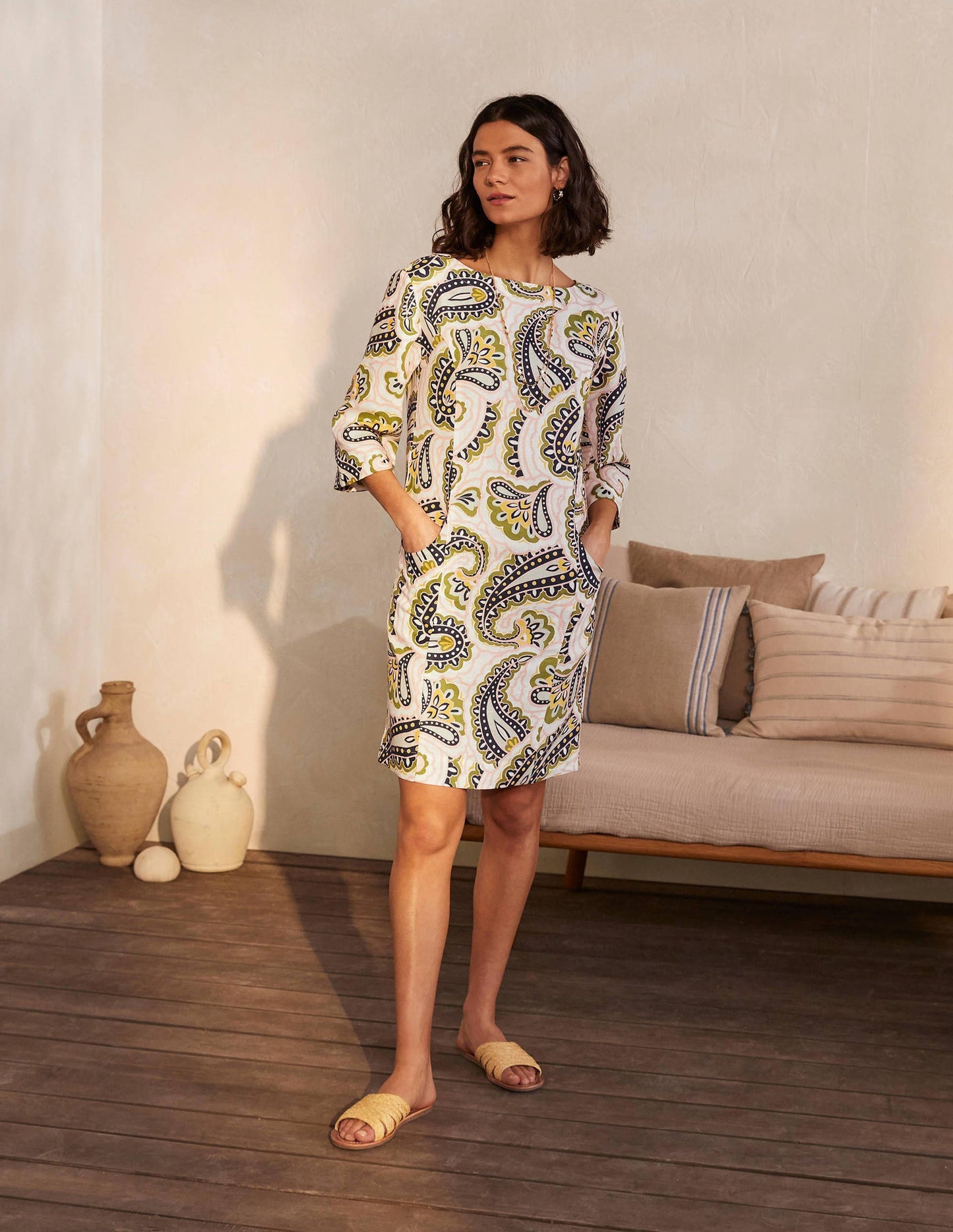 Laurie Linen Dress-Ivory, Summer Paisley