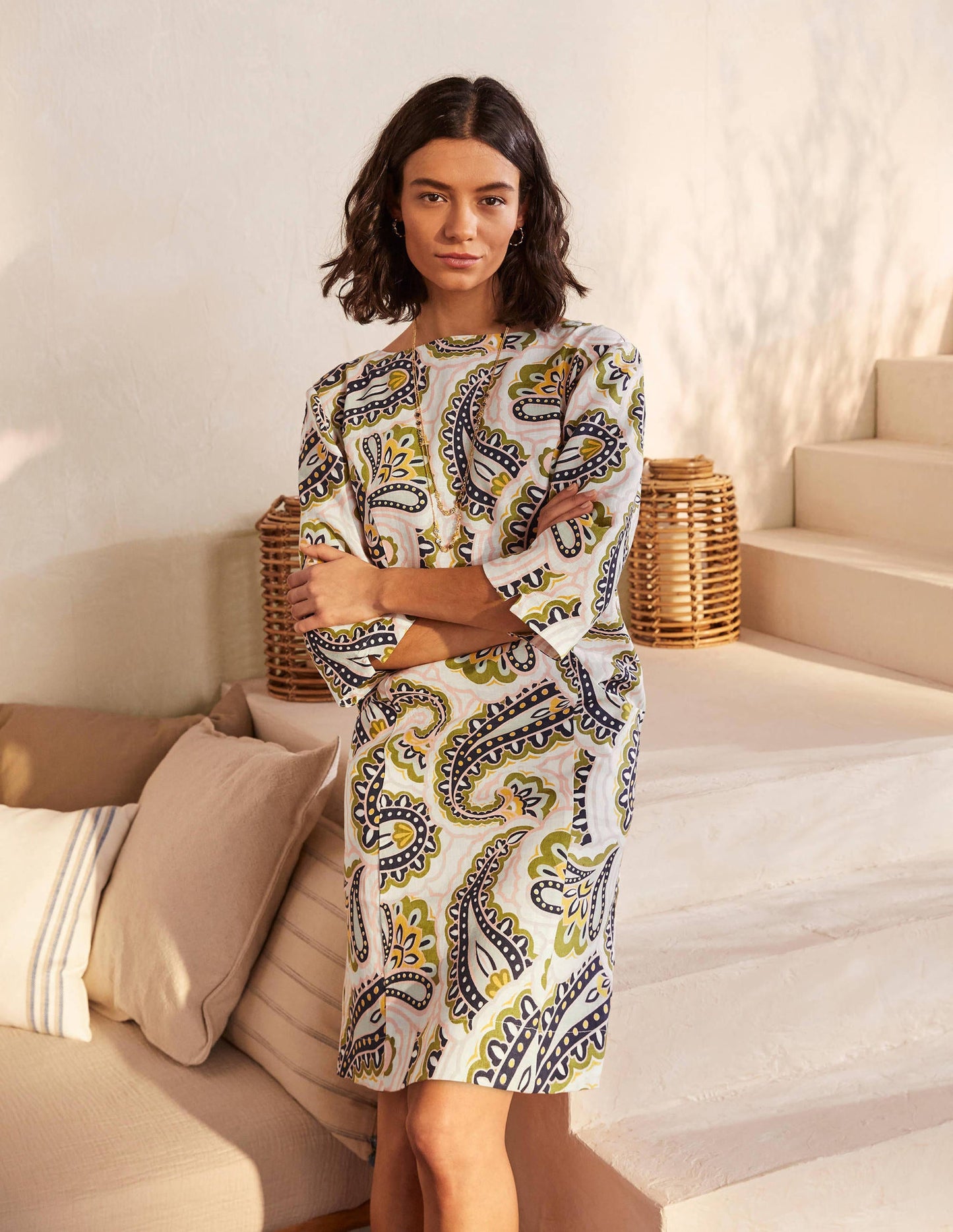 Laurie Linen Dress-Ivory, Summer Paisley