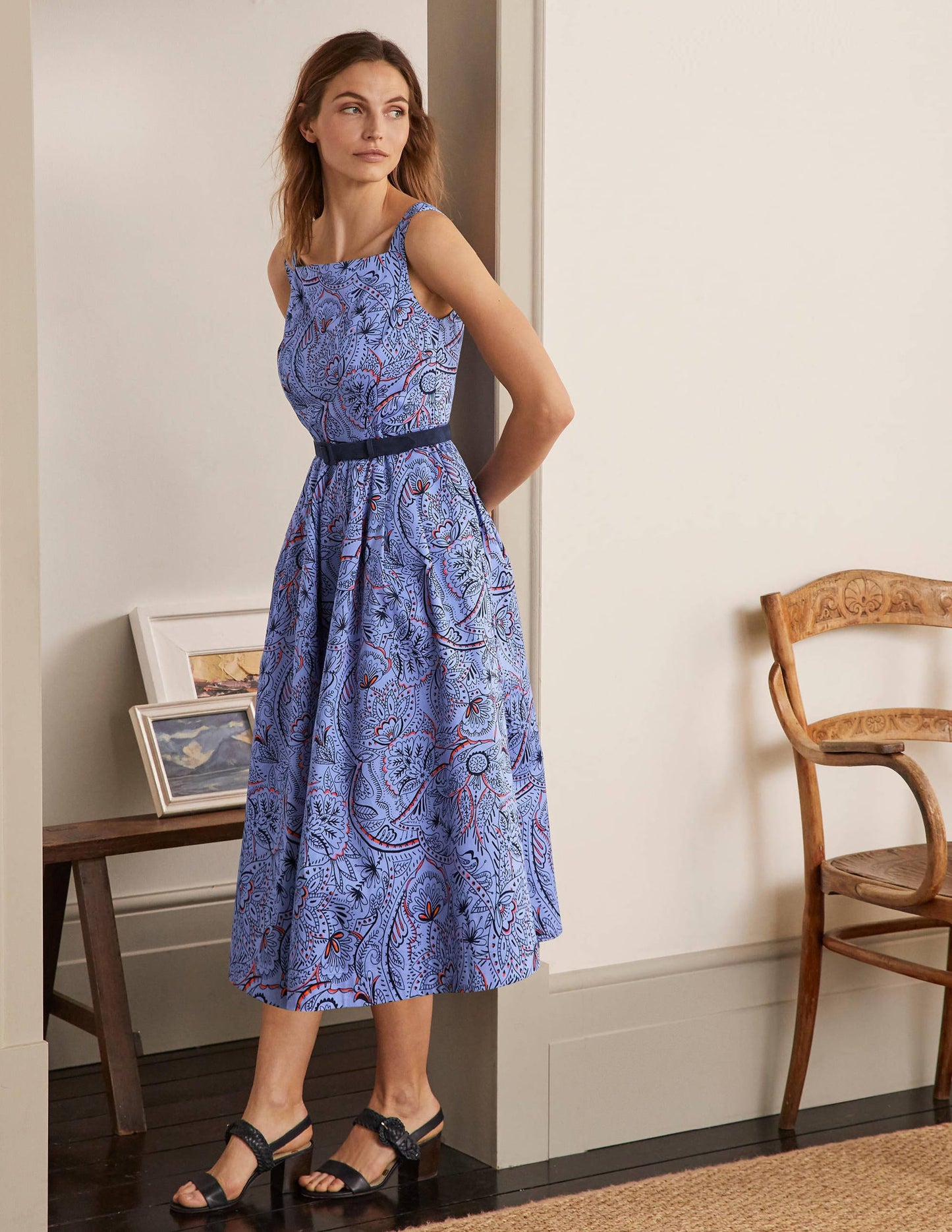 Aubrey Midikleid aus Baumwolle-Blassblau, Paisleymuster