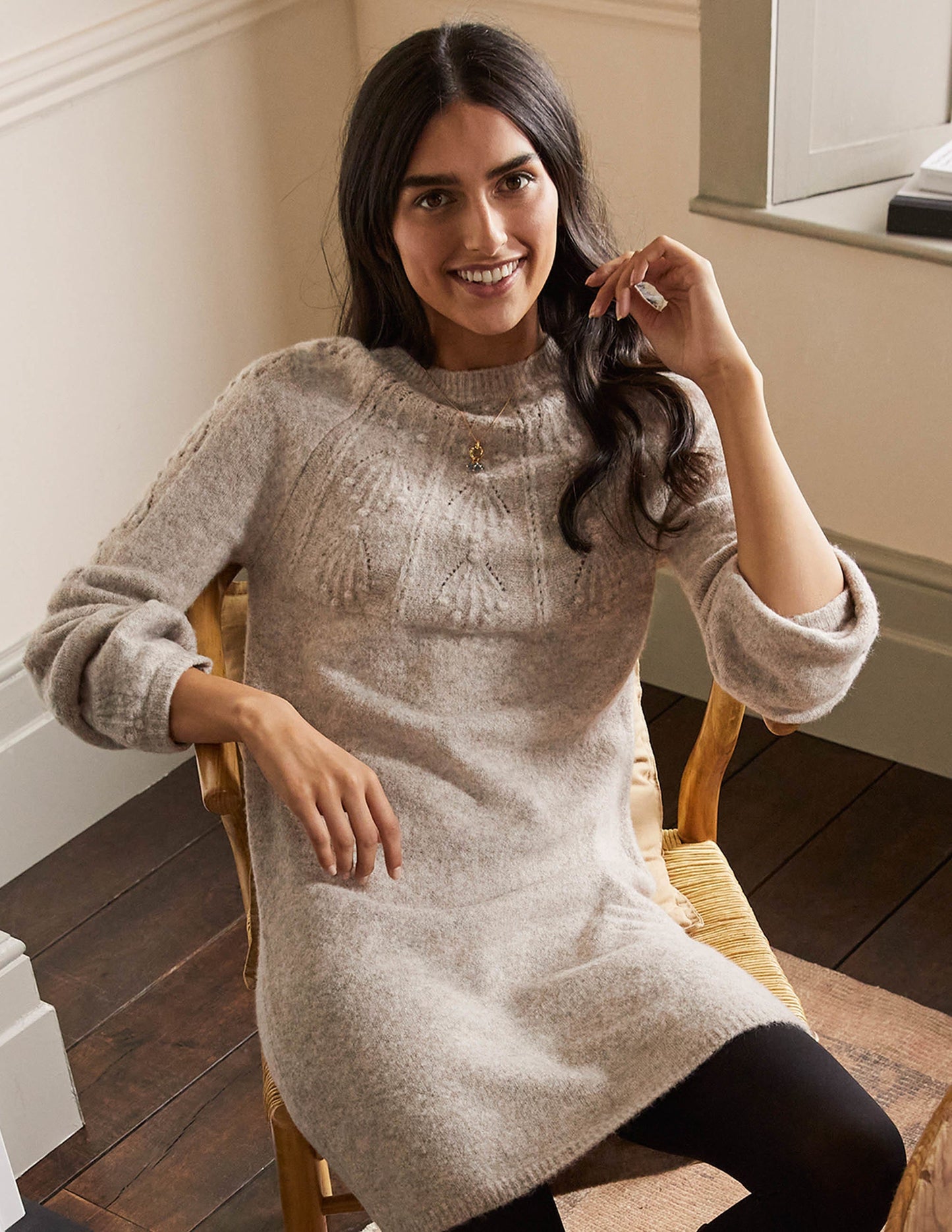 Strickkleid mit Zopfmuster-Hellbeige Melange