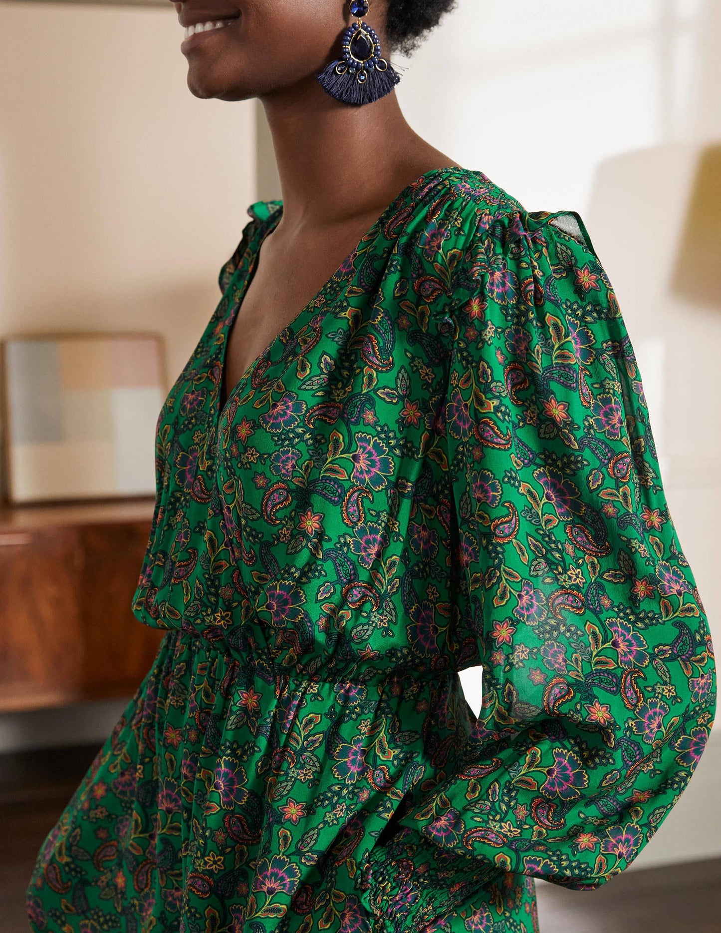 Becky Midi-Wickelkleid-Schottengrün, Exotisches Blumenmuster
