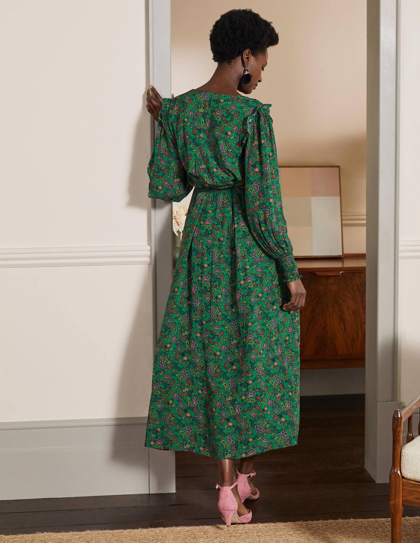Becky Midi-Wickelkleid-Schottengrün, Exotisches Blumenmuster