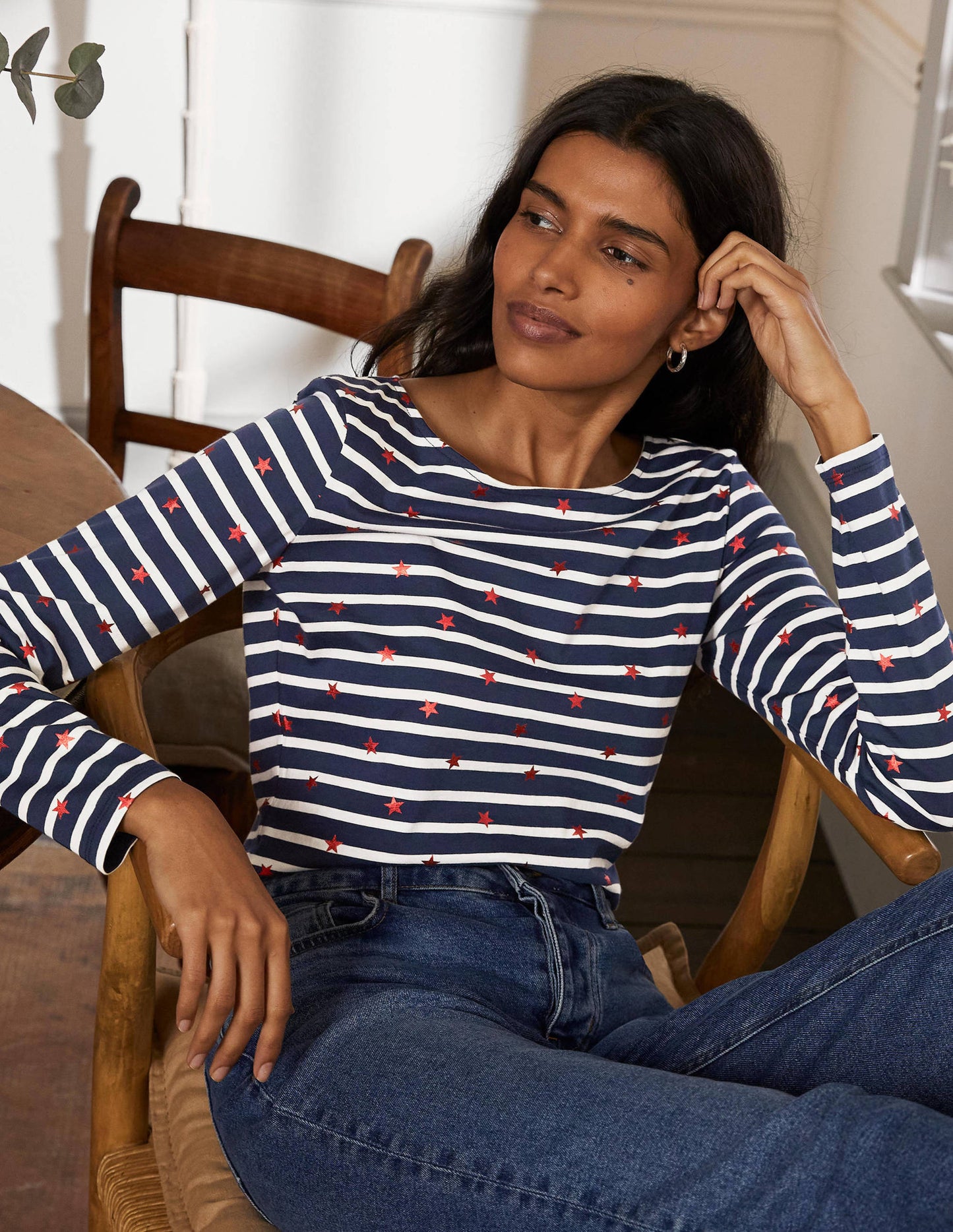 Langärmliges Bretonshirt-Navy/Naturweiß/Rot, Folienstern