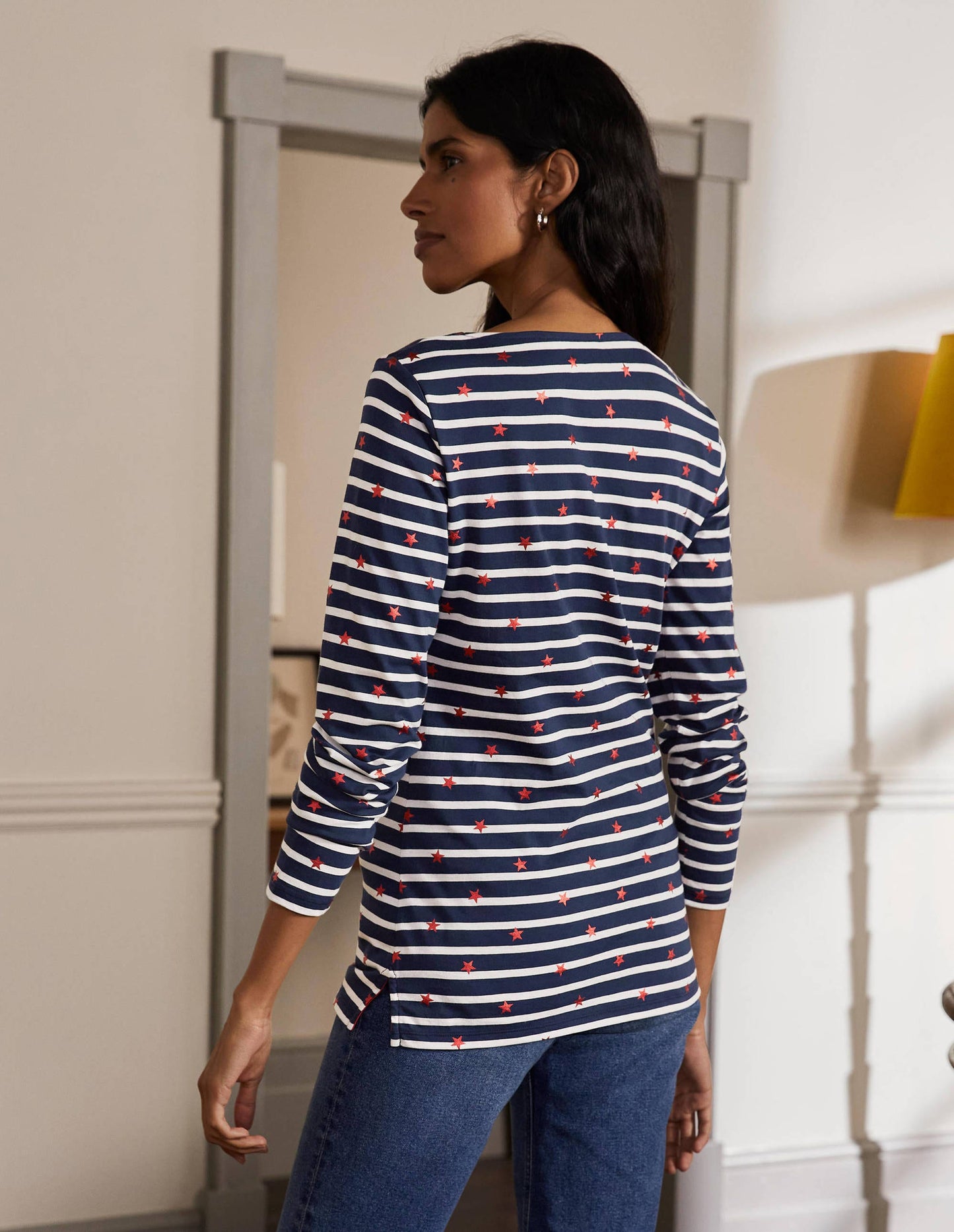 Langärmliges Bretonshirt-Navy/Naturweiß/Rot, Folienstern