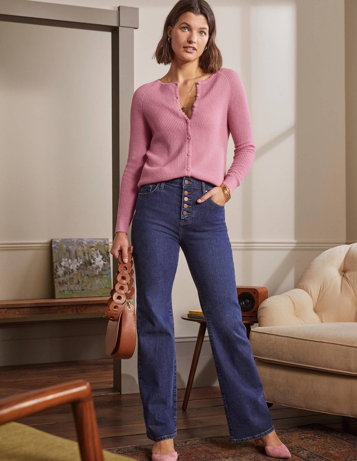 Ella Flauschiger Cardigan mit Muschelsaum-Kirschblütenrosa