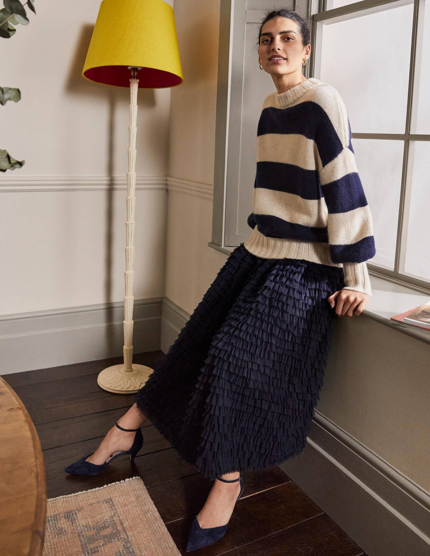 Grobstrickpullover aus Kaschmir-Saphirblau, Gestreift